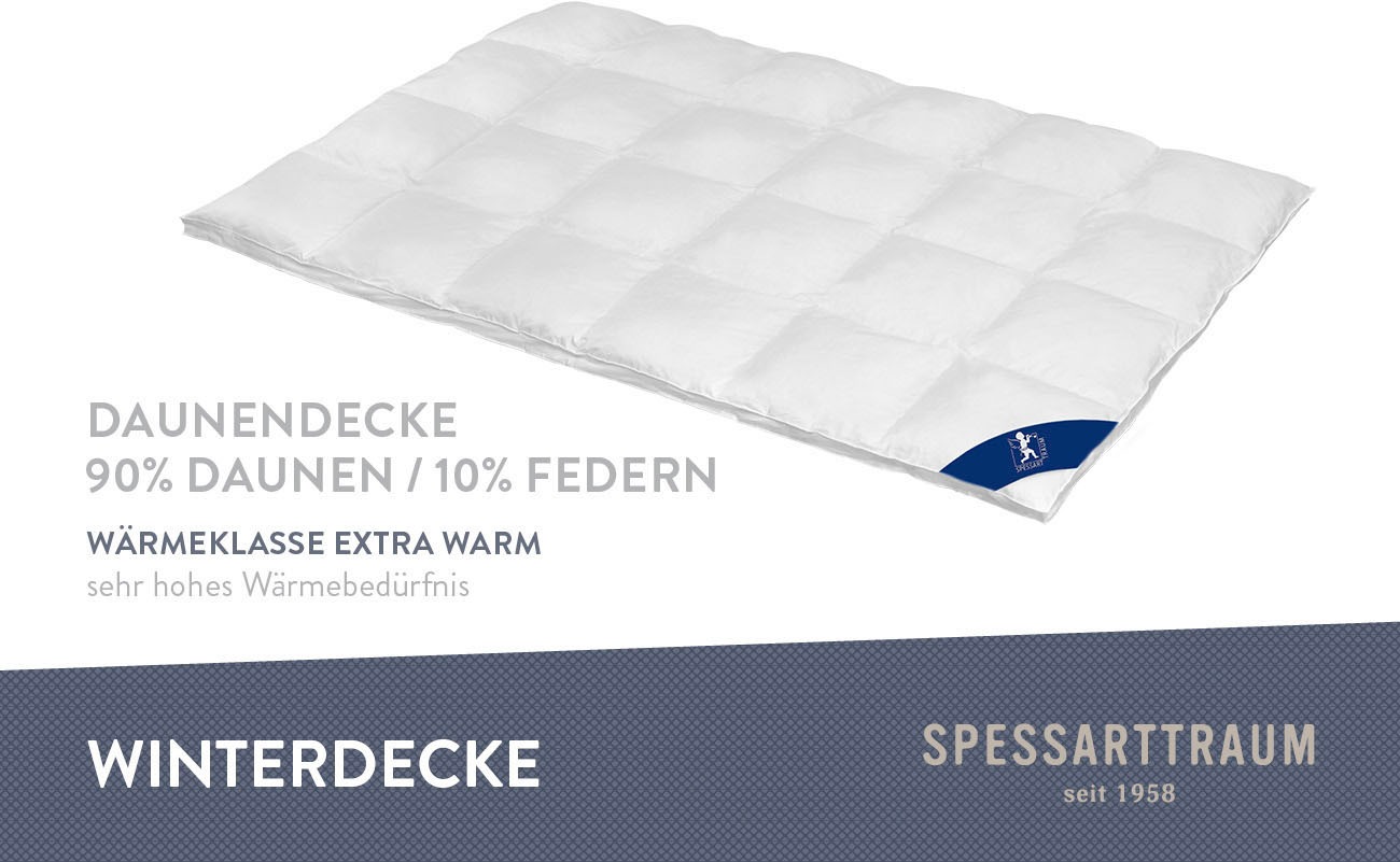 SPESSARTTRAUM Daunenbettdecke »First Class«, extrawarm, Füllung 90% Daunen / 10% Federn, Klasse 1, Downpass zertifiziert, Bezug 100% Baumwolle, nachhaltig (Made in Green), Hausstauballergiker geeignet, (1 St.), 5 Wärmeklassen & 6 Grössen, Bestseller