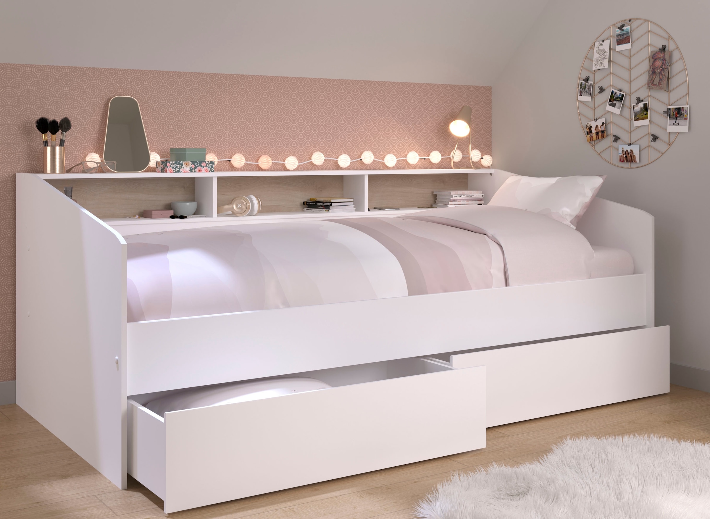 Parisot Stauraumbett »Sleep, Daybed, Kinderbett, Rückwand der Regale drehbar (farbig + weiss)«, inklusive, Regale, Schubkästen, viel Stauraum, TOPSELLLER!