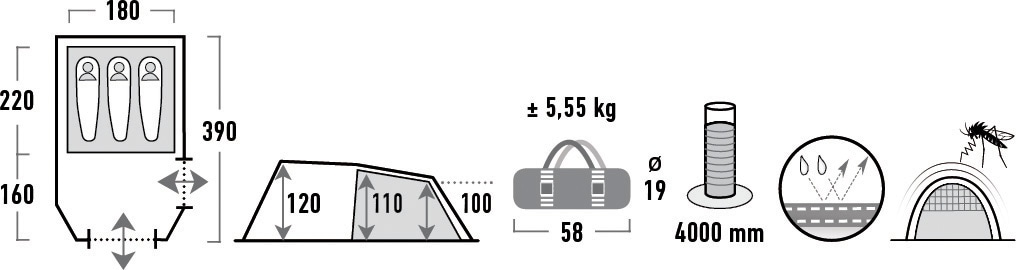 High Peak Tunnelzelt »Atmos 3«, 3 Personen, (Set, mit Transporttasche)