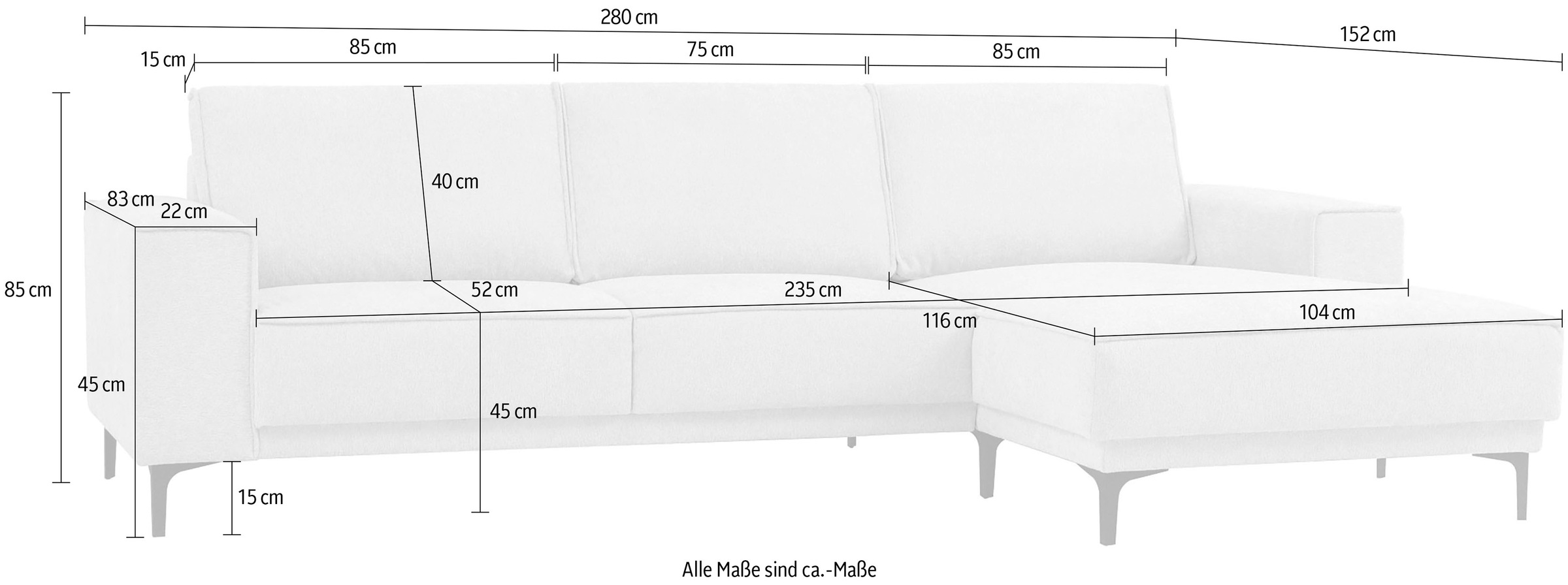 Places of Style Ecksofa »Polsterecke Oland, Struktur, Flachgewebe, Luxus-Microfaser, Boucle«, L-Form, 280 cm, Wellenunterfederung, Skandi-Design, Metallfüsse