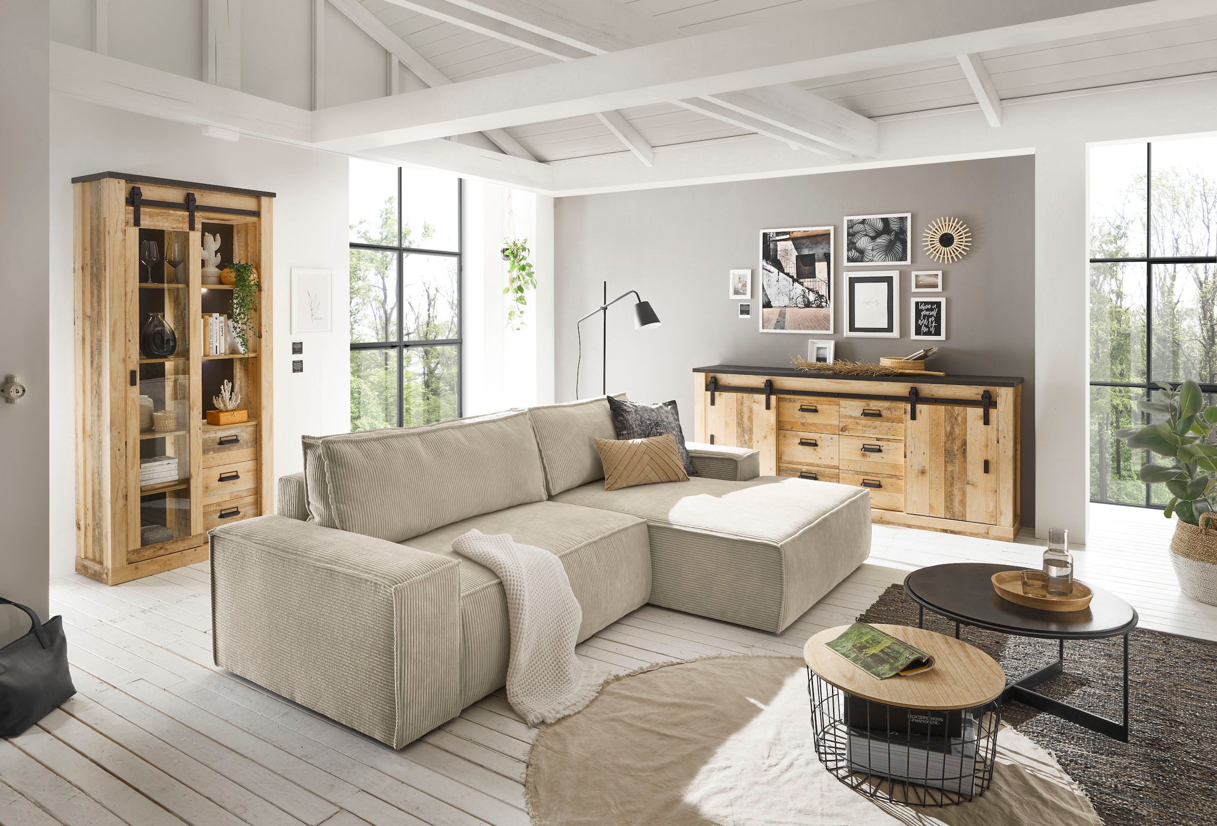 Home affaire Ecksofa SHERWOOD Schlafsofa 267 cm, L-Form, Schlaffunktion mit Bettkasten (210x136 cm), Cord, Vintage, Samtvelours