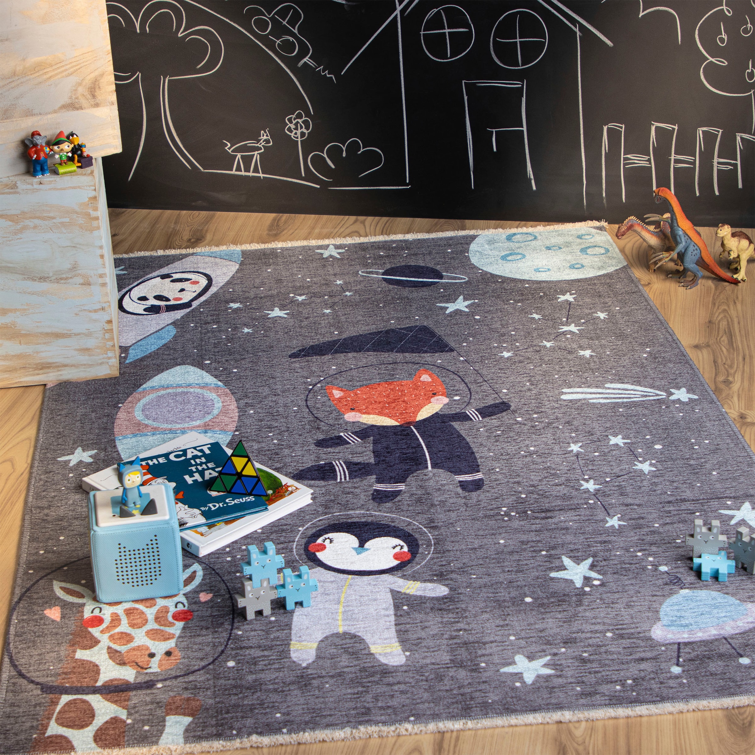 Obsession Kinderteppich »My Greta 600«, rechteckig, Kurzflor, Motiv Tiere im Weltraum, mit Fransen, Kinderzimmer