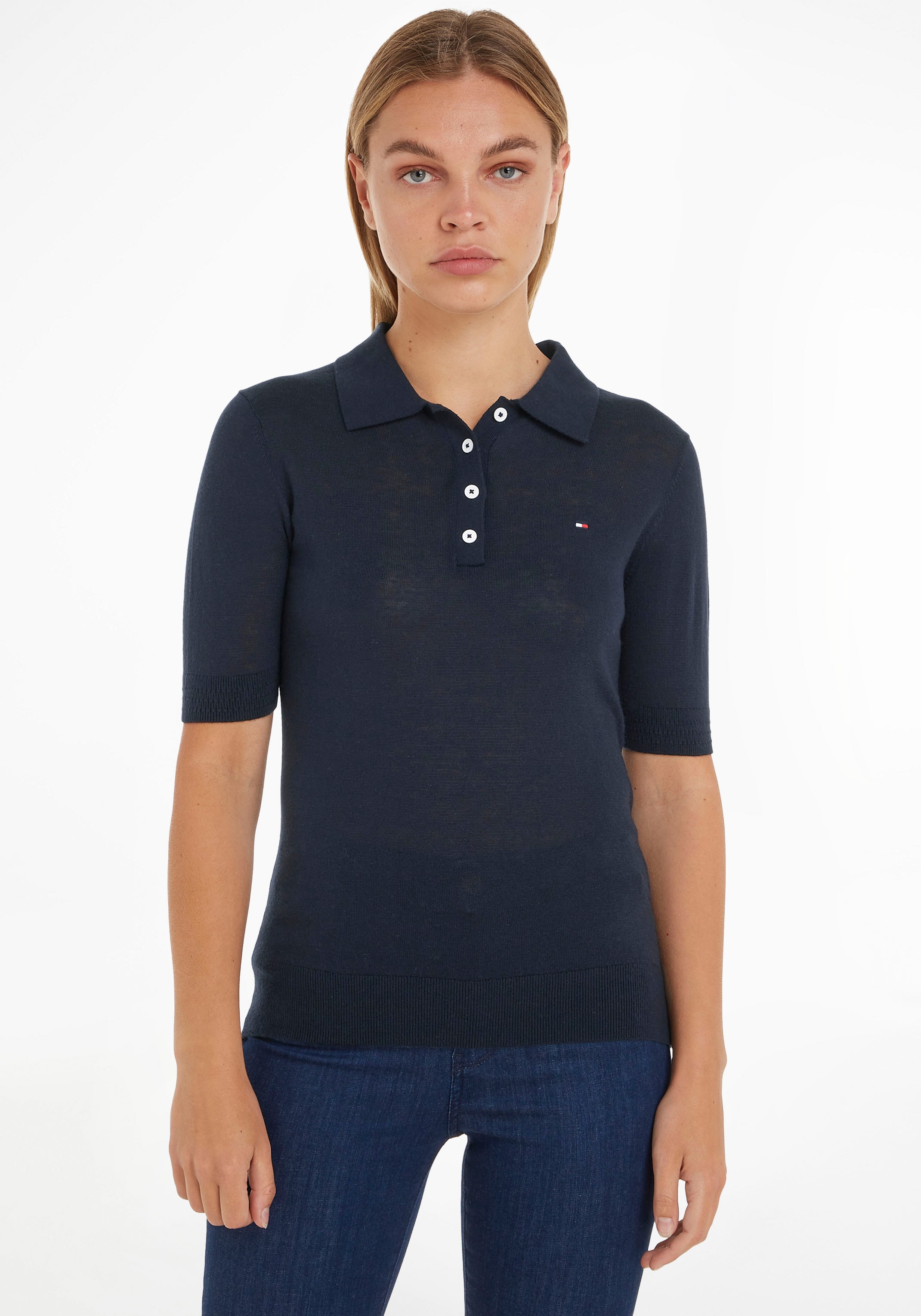 Polokragenpullover »BUTTON POLO SS TOP«, mit Logo auf der Brust