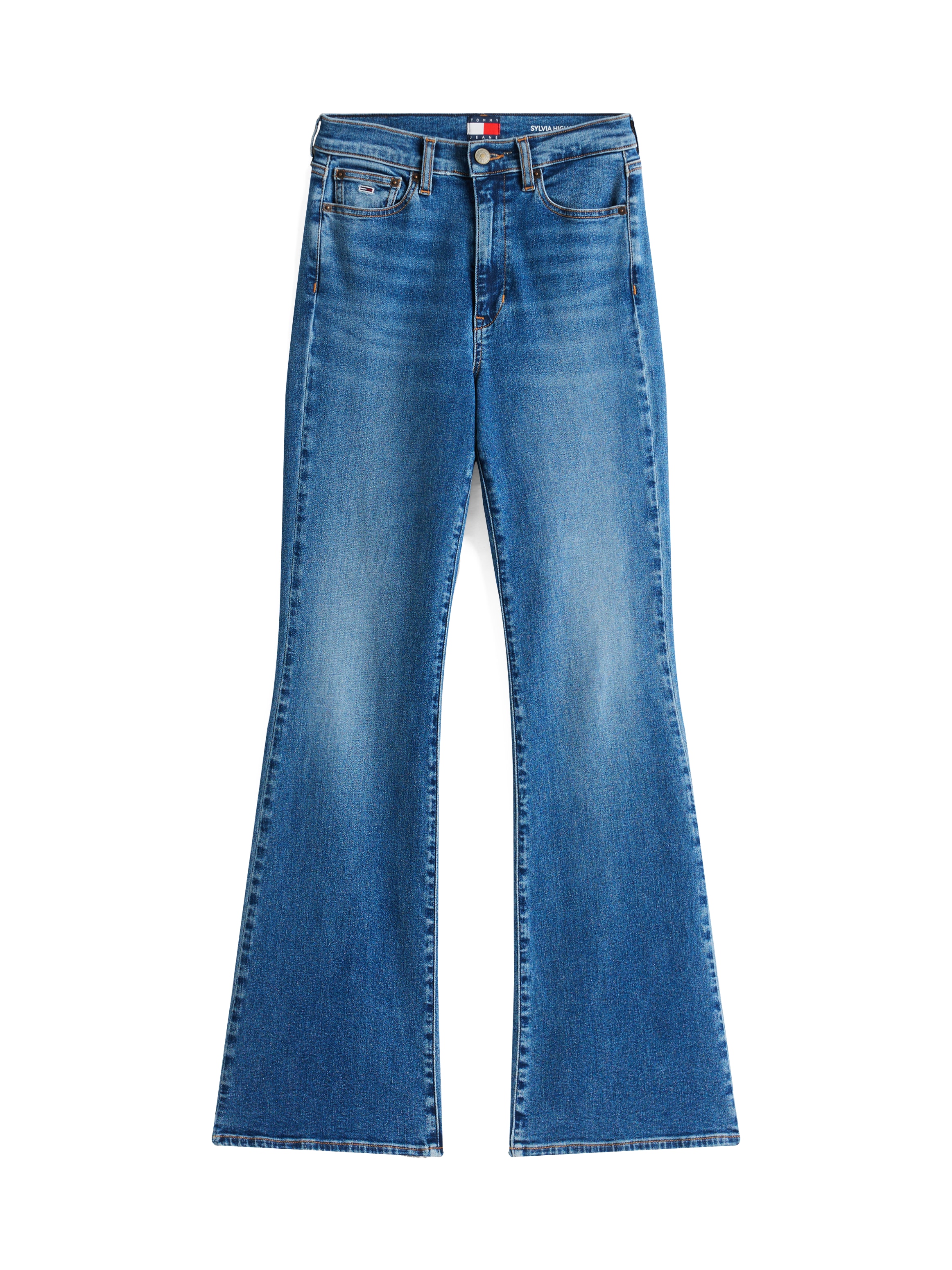 Tommy Jeans Bootcut-Jeans »SYLVIA HGH FLR«, Weite Beinform und Logo Stickerei auf der Gesässtasche