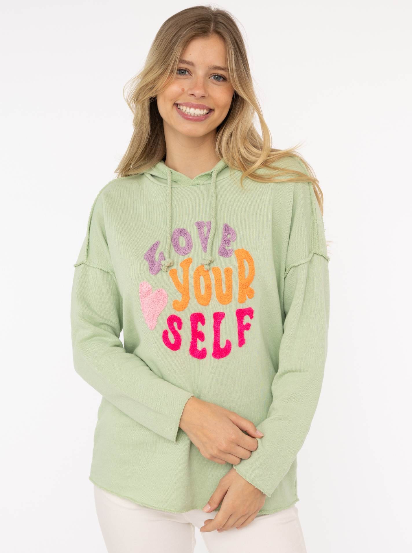 Zwillingsherz Hoodie »"Love Yourself"«, Kapuze, Flockprint, Langarm, Kordelzug