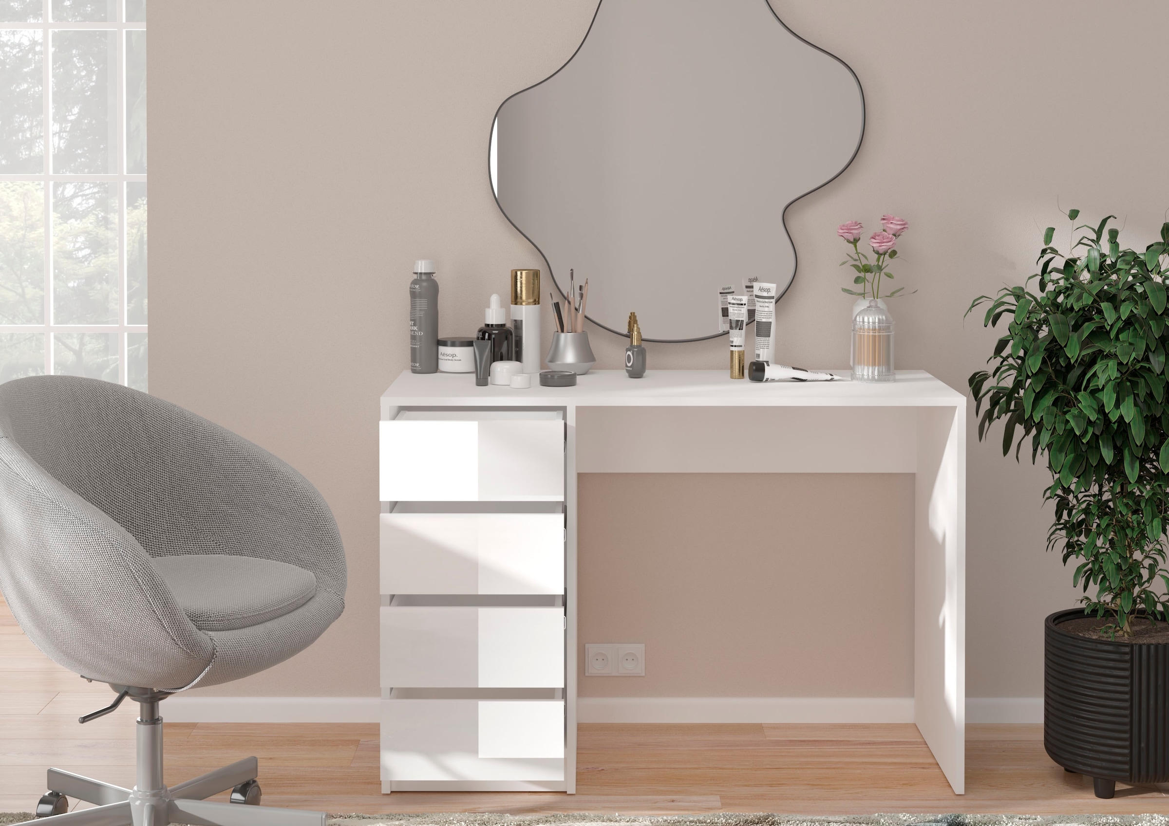 INOSIGN Schreibtisch »Pisa, Breite 110 cm, 4 Schubkästen, hochglanz Schubkastenfront«, grifflose Optik, individuell einsetzbar, Schminktisch, Homeoffice
