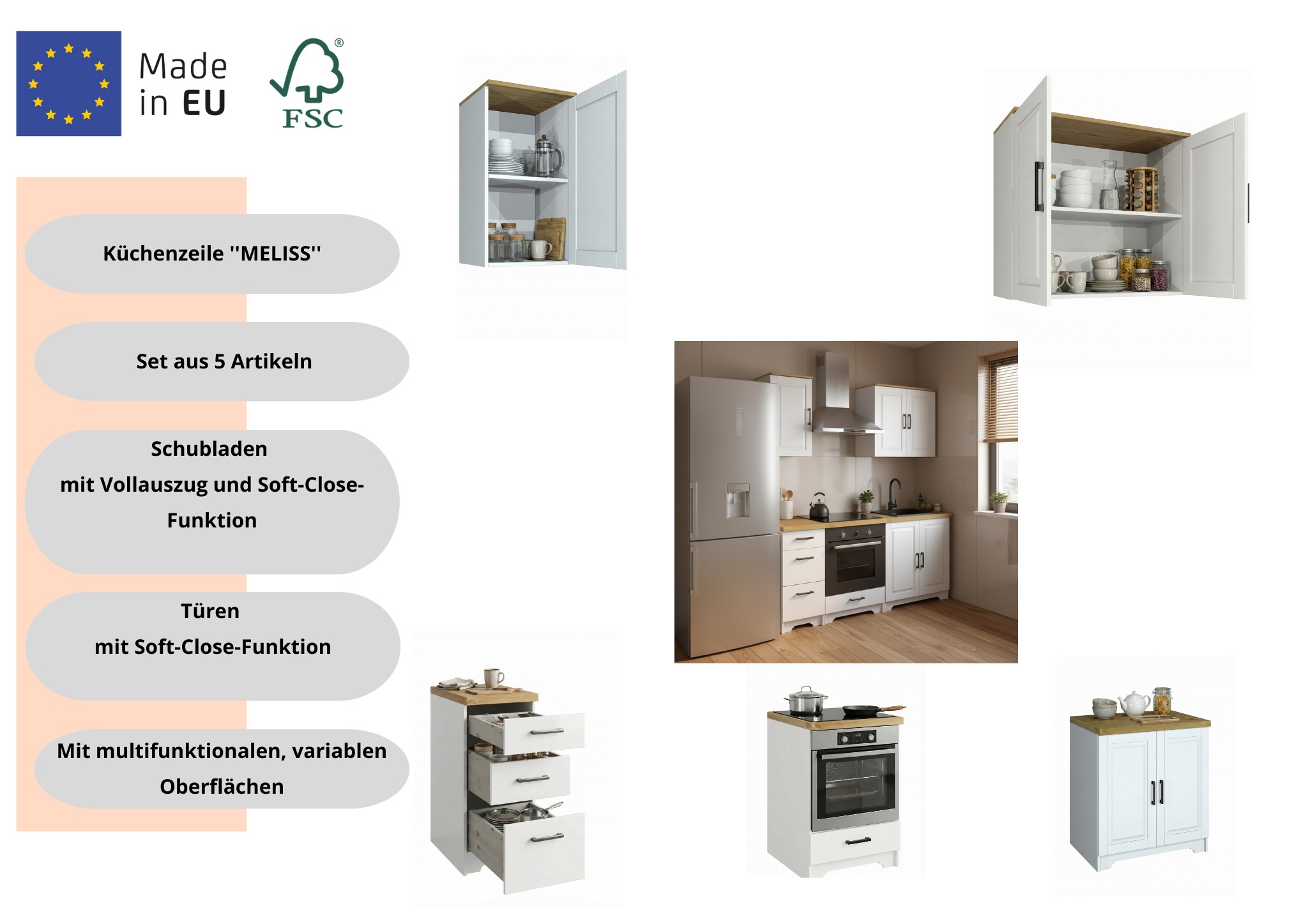 Home affaire Küchenzeile "Meliss" aus massiver Kiefer, mit Soft-Close-Funktion, 5-teiliges Set