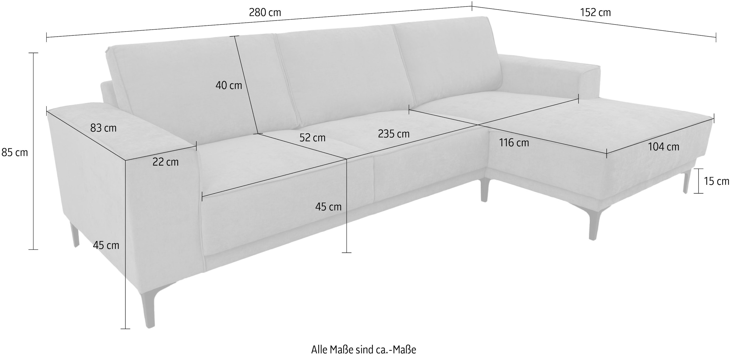 Places of Style Ecksofa »Polsterecke Oland, Struktur, Flachgewebe, Luxus-Microfaser, Boucle«, L-Form, 280 cm, Wellenunterfederung, Skandi-Design, Metallfüsse