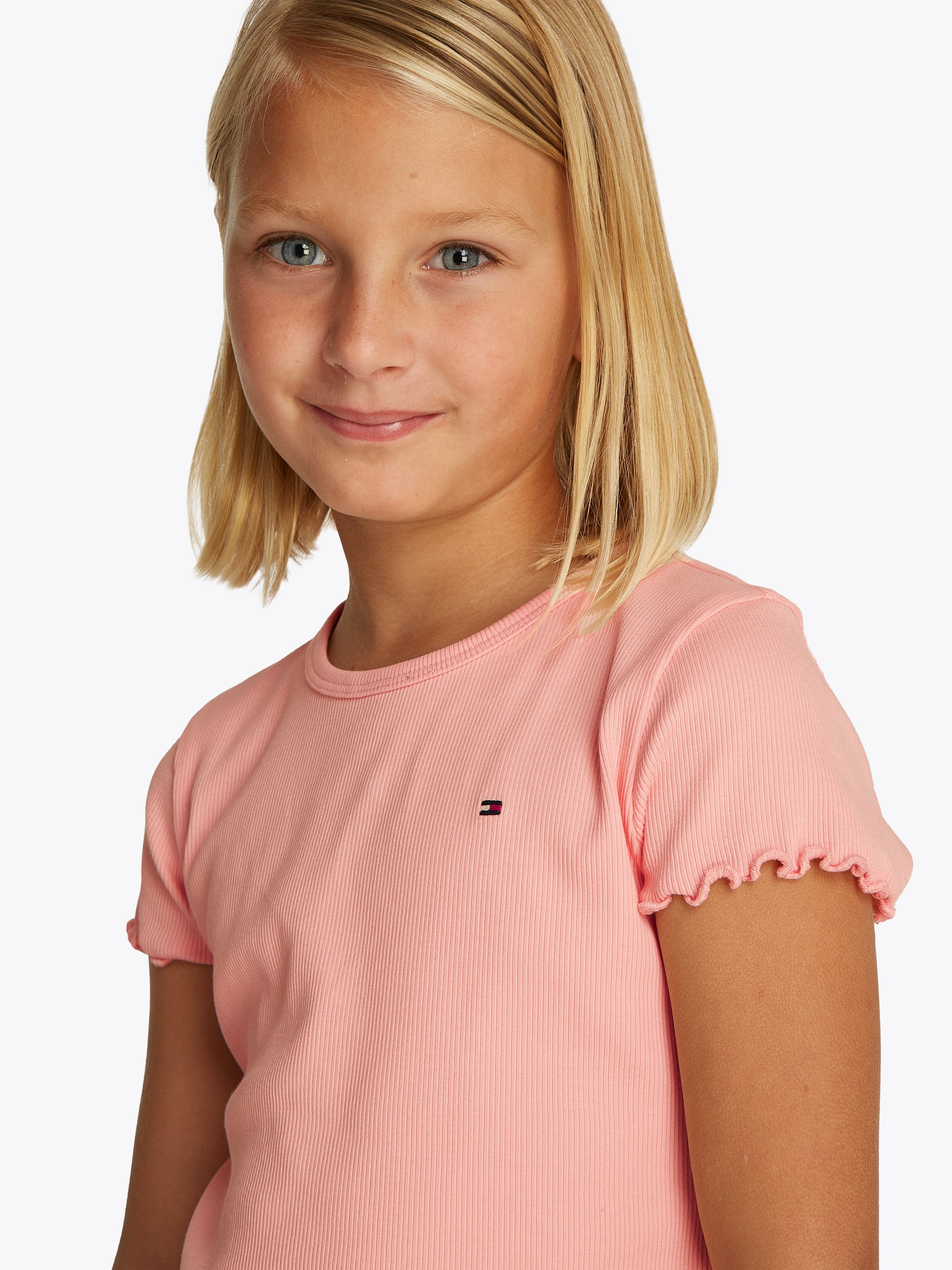 Tommy Hilfiger T-Shirt "ESSENTIAL RIB TOP mit Babylock-Kanten und Stickerei" unifarben, casual, regular fit, Baumwollmix, Rundhals