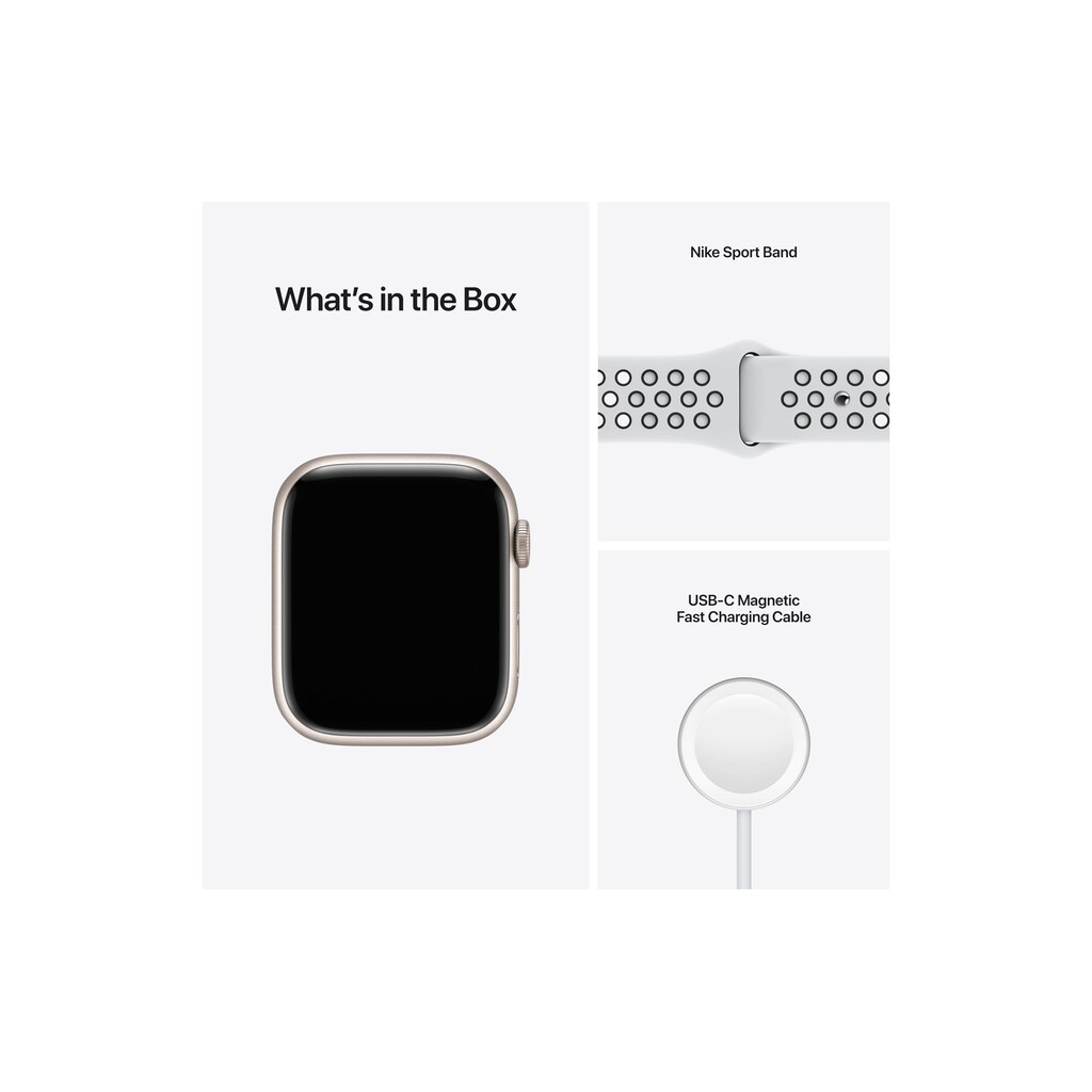 Apple Smartwatch »Serie 7, GPS, 45 mm Aluminiumgehäuse mit Nike-Sportarmband«, (Watch OS)