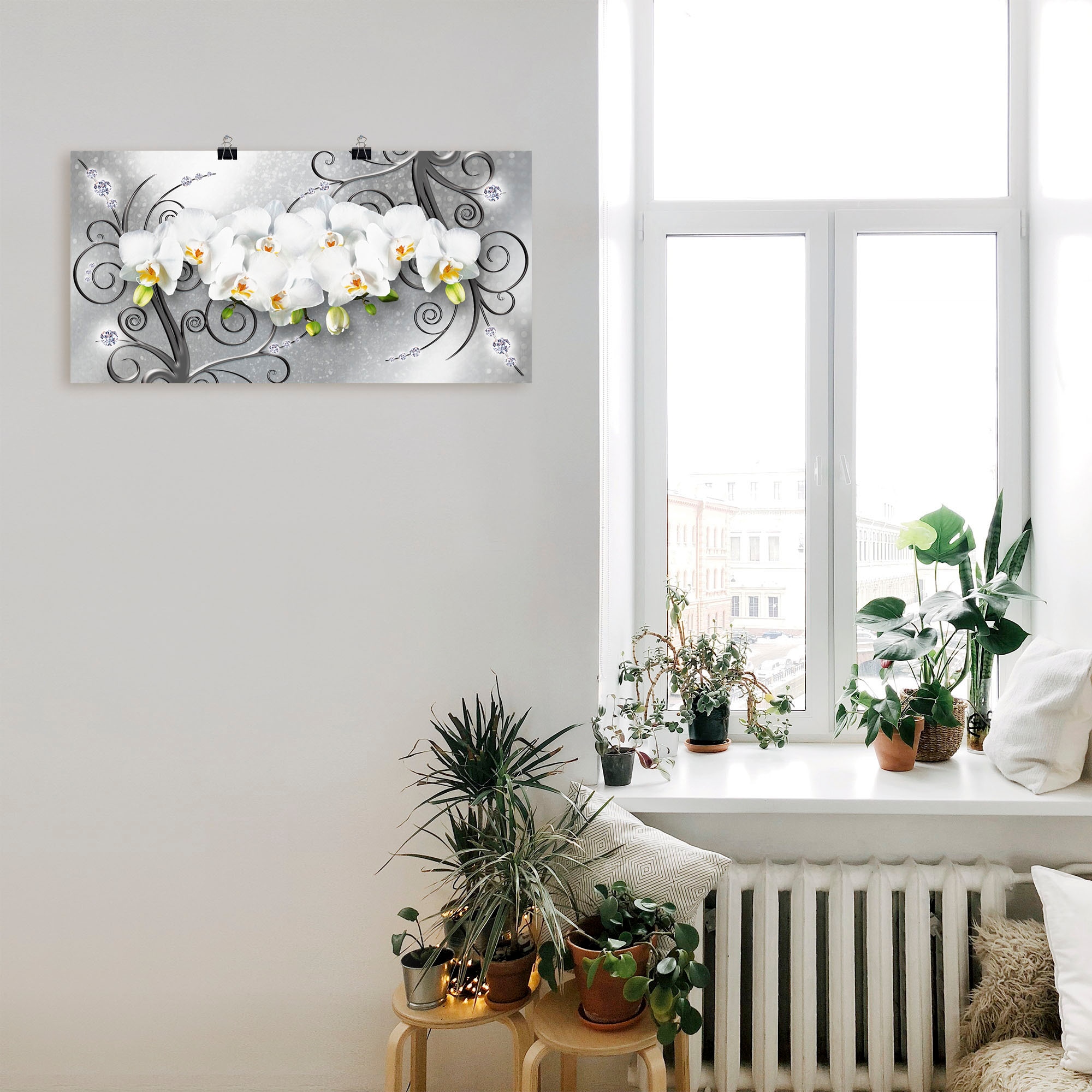 Artland Wandbild »weisse Orchideen auf Ornamenten«, Blumenbilder, (1 St.), als Alubild, Outdoorbild, Leinwandbild, Poster, Wandaufkleber