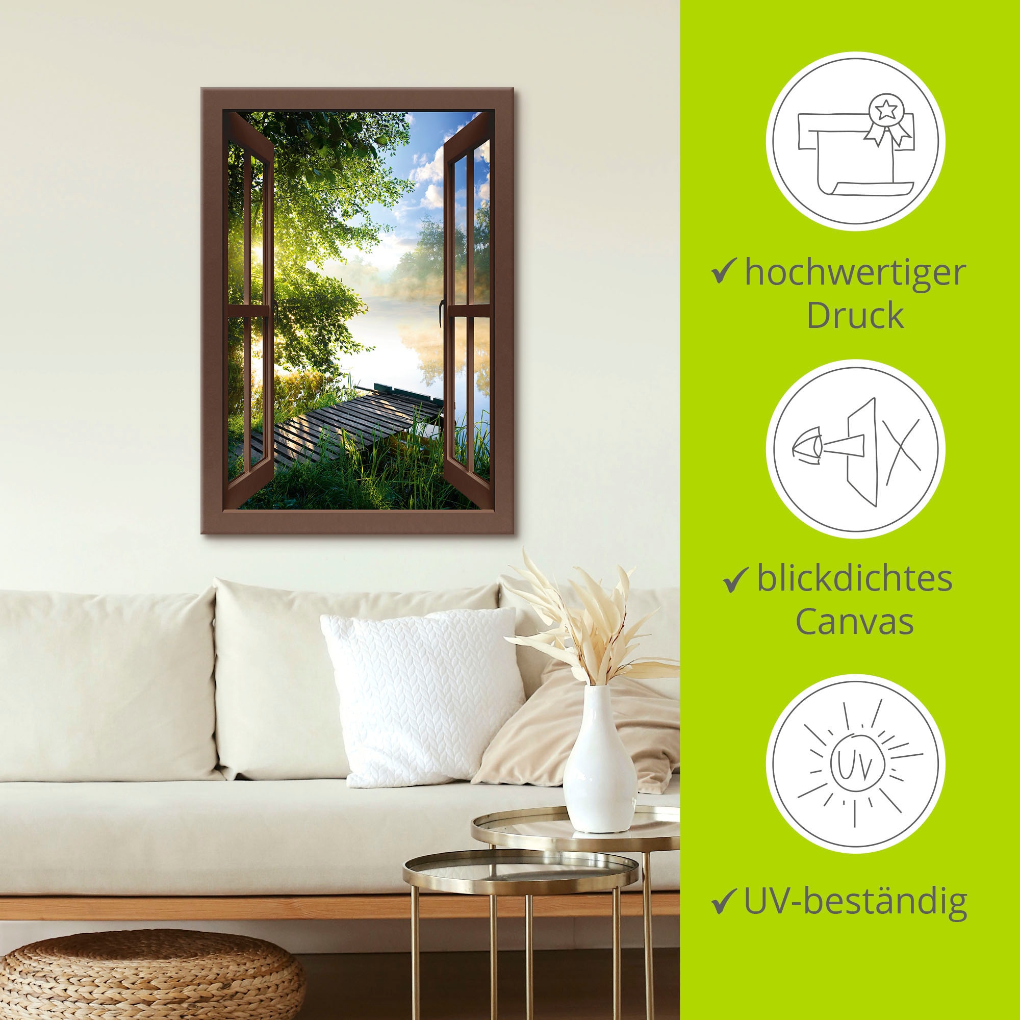 Artland Wandbild »Fensterblick Angelsteg am Fluss«, Fensterblick, (1 St.), als Alubild, Outdoorbild, Leinwandbild, Poster, Wandaufkleber
