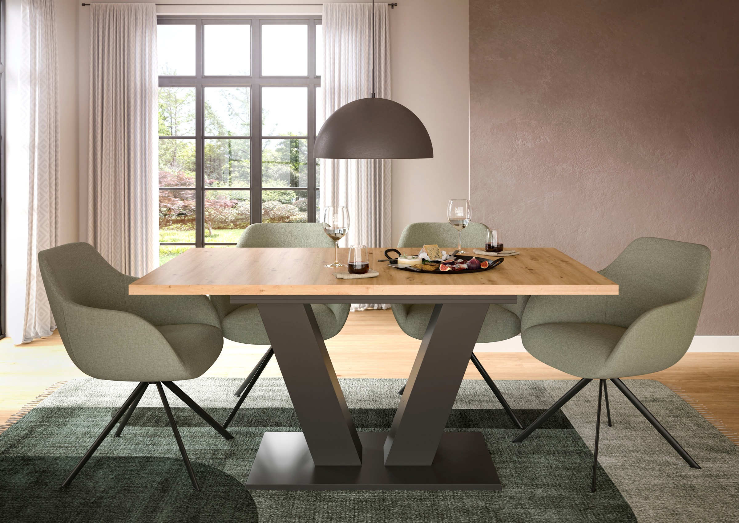 INOSIGN Esstisch »Motus, ausziehbar 150 -190 cm, inklusive 40 cm Einlegeplatte«, (Set, 1 St.), V-Gestell mit Bodenplatte, Tisch, Küchentisch, Esszimmer, Küche