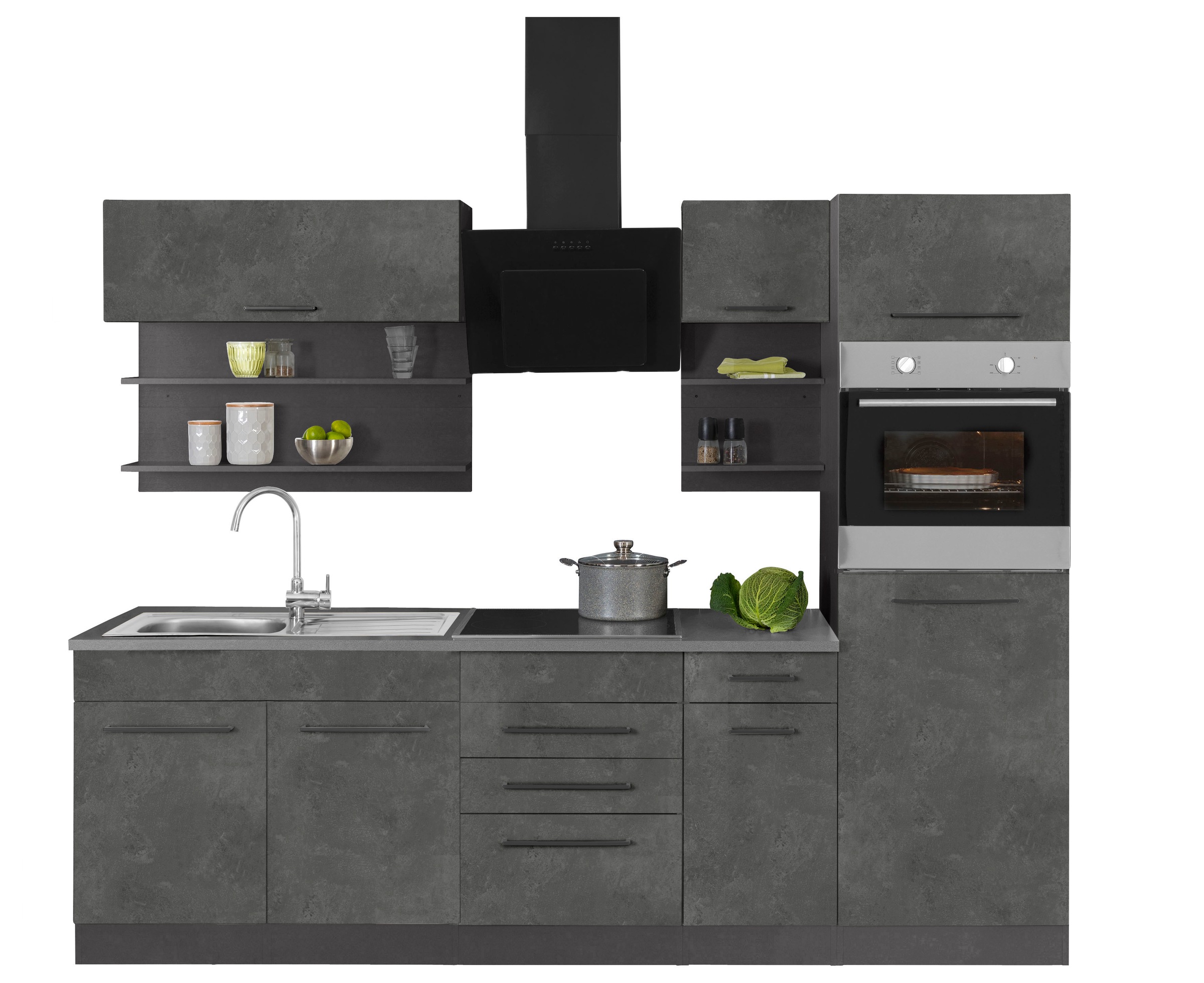 KOCHSTATION Küchenzeile "KS-Tulsa" ohne E-Geräte, Breite 270 cm, schwarze Metallgriffe, MDF Fronten
