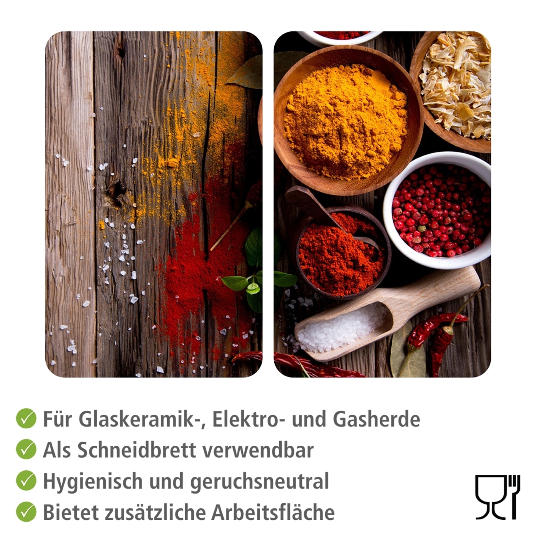 WENKO Herd-Abdeckplatte »Universal Modell Gewürze«, (Set, 2 tlg.), Herdabdeckung für alle Herdarten, kratzfest, mit rutschfesten Füssen