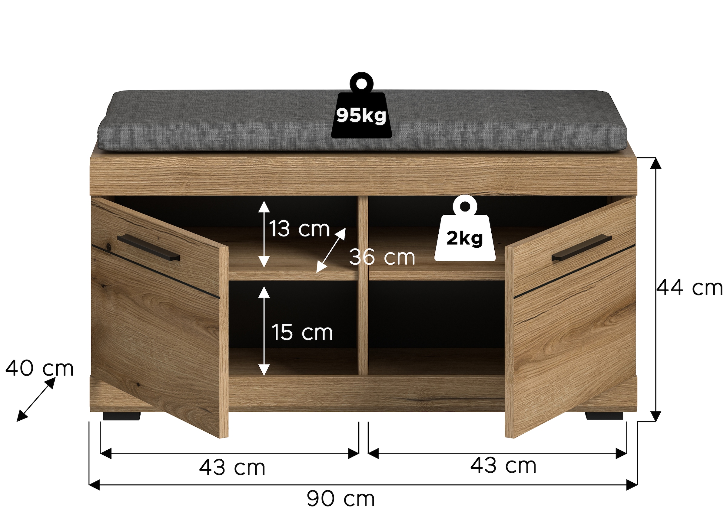 INOSIGN Sitzbank, (2 St.), Scout Sitzbank, 90cm, 2 Türen, 4 Fächer, inkl. Kissen