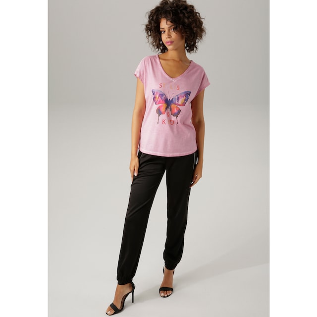 Aniston CASUAL T-Shirt, mit batikfarbigem Schmetterling und Schriftzug  online shoppen | Jelmoli-Versand