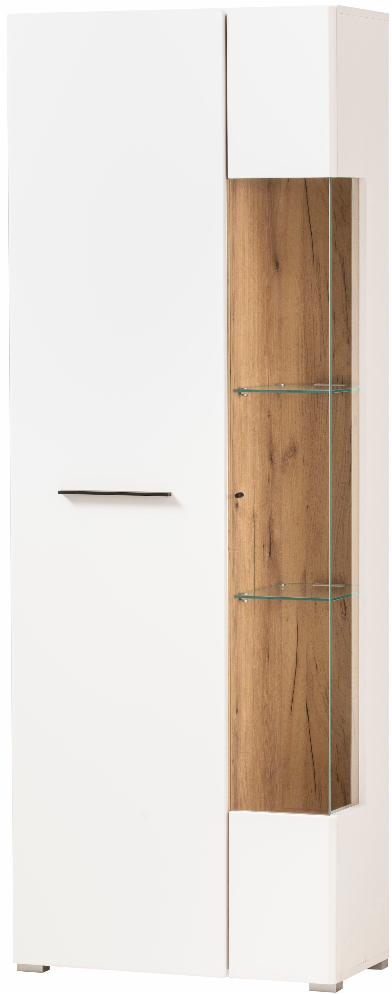 INOSIGN Vitrine »Salerno Hochschrank, Glasvitrine, Weiss mit Eiche Evoke Dekor, modern.«, Metallgriffe, ausreichend Stauraum, vielseitig einsetzbar, 72 cm breit