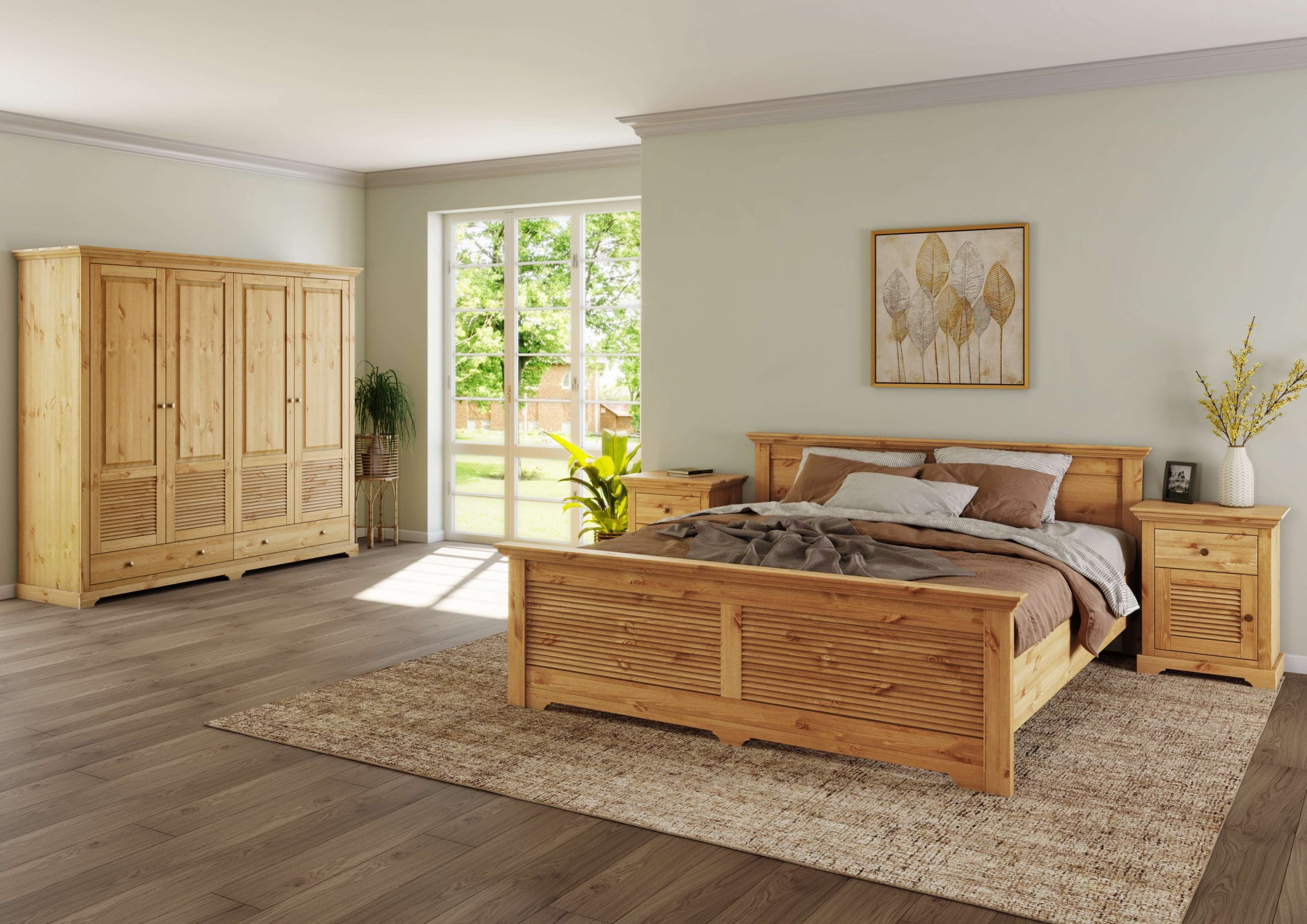 Home affaire Bett »Rauna, Landhausstil, edles Design mit Lamellen und Kassetten, 2 Farben«, (Breite/Belastbarkeit 180cm=220 KG, 90cm=120KG), FSC® zertifiziertes Kieferholz, massive Qualität mit Lattenrost