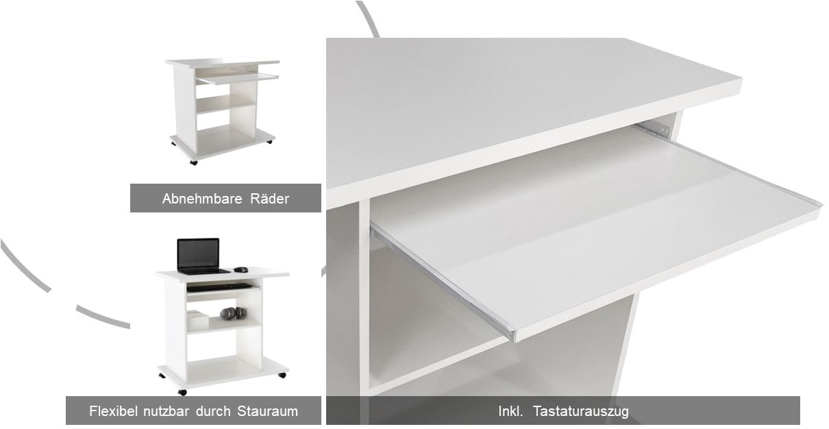 INOSIGN Computertisch »LOKVE, Laptoptisch, Schreibtisch,«, rollbar, Tastaturauszug, Towerfach, Druckerfach, Höhe 75 cm