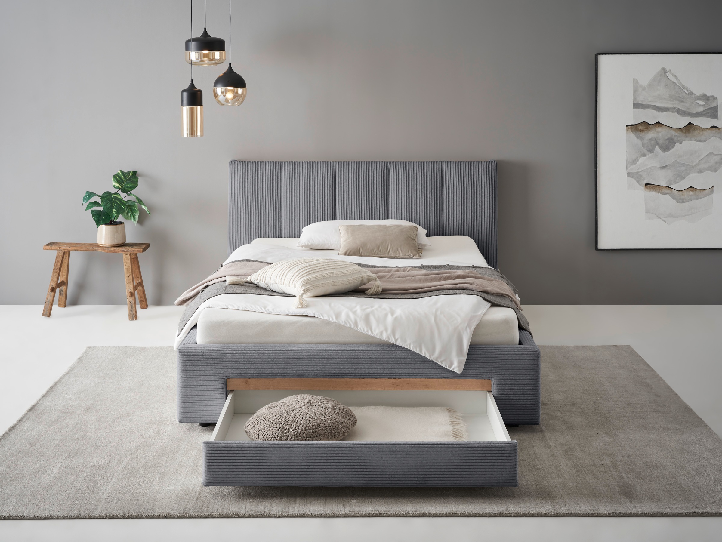 INOSIGN Polsterbett »CiTY/GiRON, Bettgestell mit Bettkasten, gepolstertes Stauraumbett«, mit Hundebett oder Stauraumschublade, Bezug Cord-oder Leinenoptik