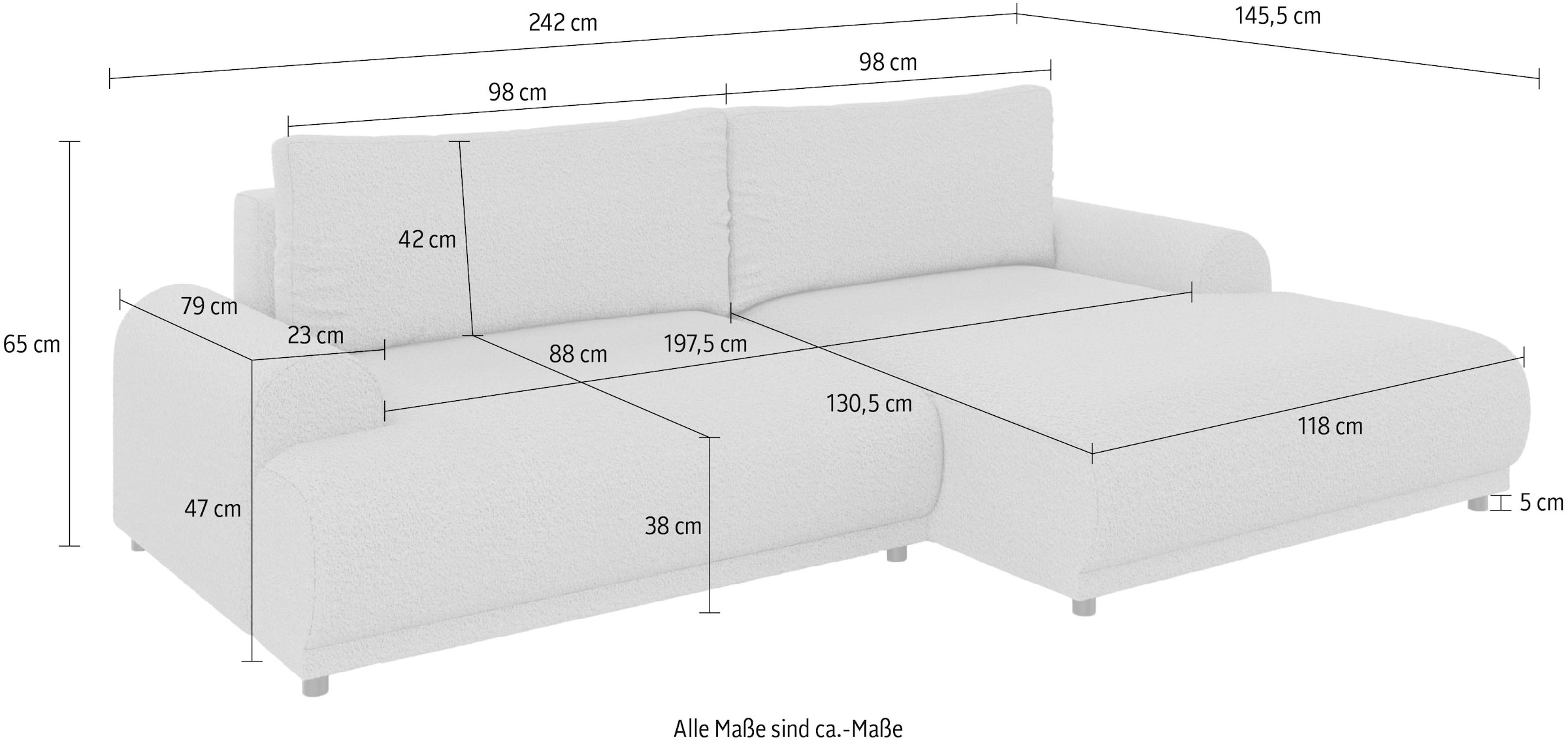 INOSIGN Ecksofa »Marsby, mit Bettfunktion und Bettkasten, Masse: B/H/T 242/65/145 cm«, L-Form mit Wellenunterfederung, Recamiere links oder rechts bestellbar