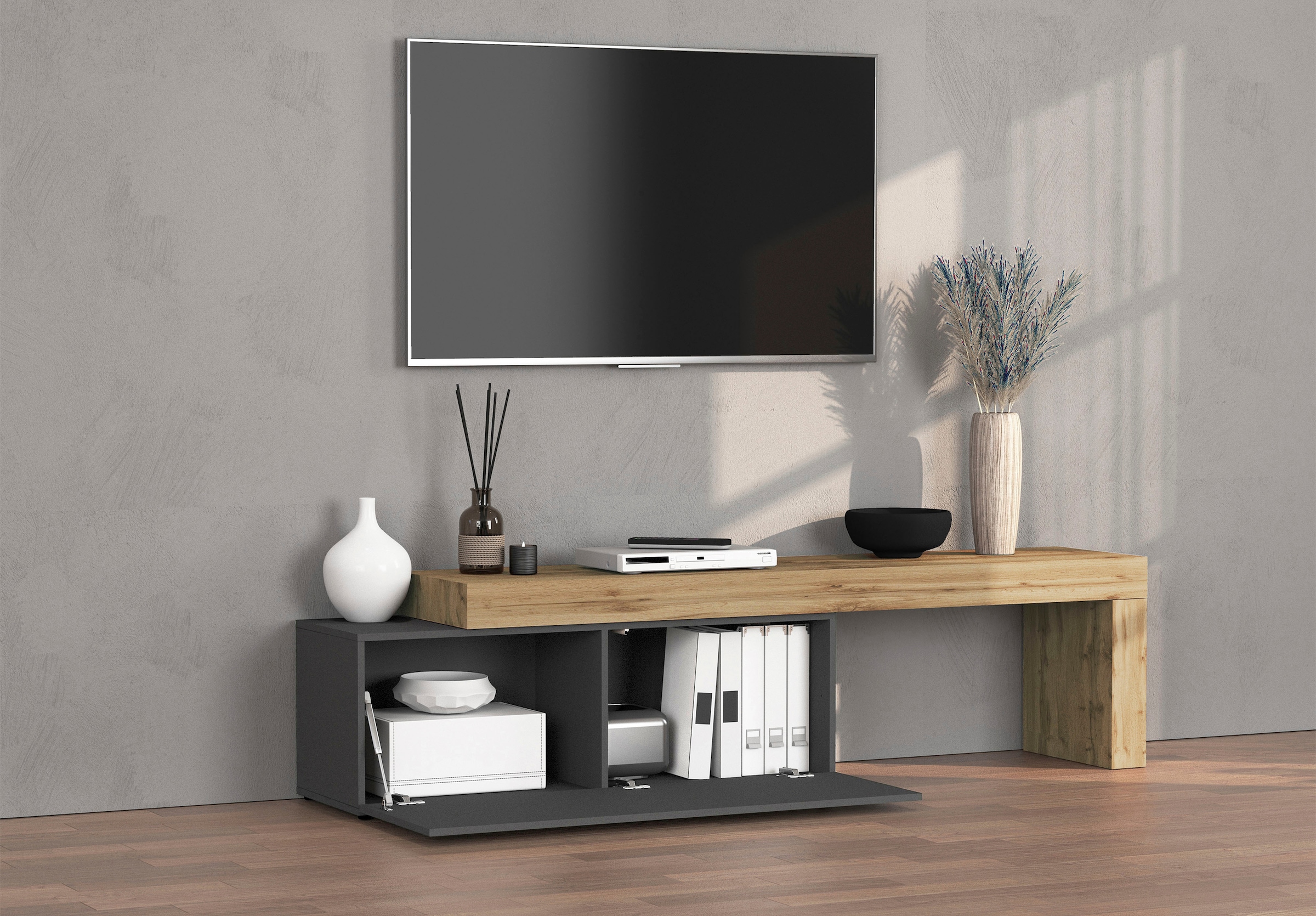 INOSIGN Lowboard »Chronos TV-Board, T-Schrank«, (1 St., Breite verstellbar von 180 bis 290 cm), Breite 240 cm TV-Board,Lowboard,1 Klappe und ein L-Förmiger Aufsatz