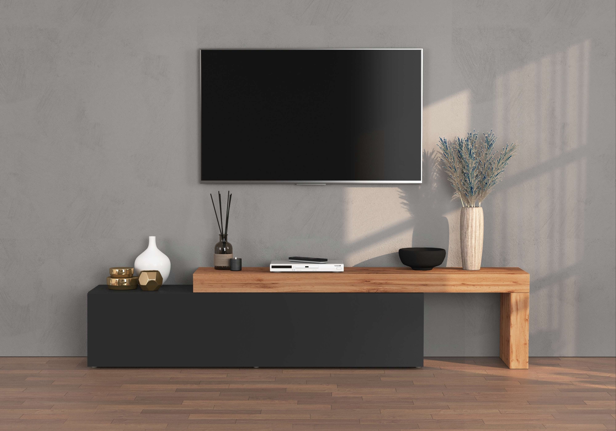 INOSIGN Lowboard »Chronos TV-Board, TV-Schrank«, (1 St., Breite verstellbar von 190 bis 350 cm), Breite 270 cm TV-Board,Lowboard,1 Klappe und ein L-Förmiger Aufsatz