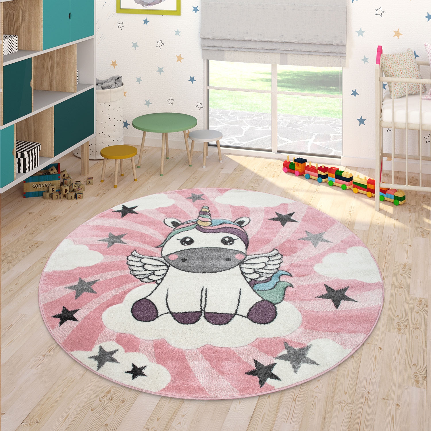 Paco Home Kinderteppich »Cosmo 395«, Kinderzimmer bestellen 3D-Design, Motiv, Jelmoli-Versand niedliches | rund, Einhorn Pastell-Farben, online