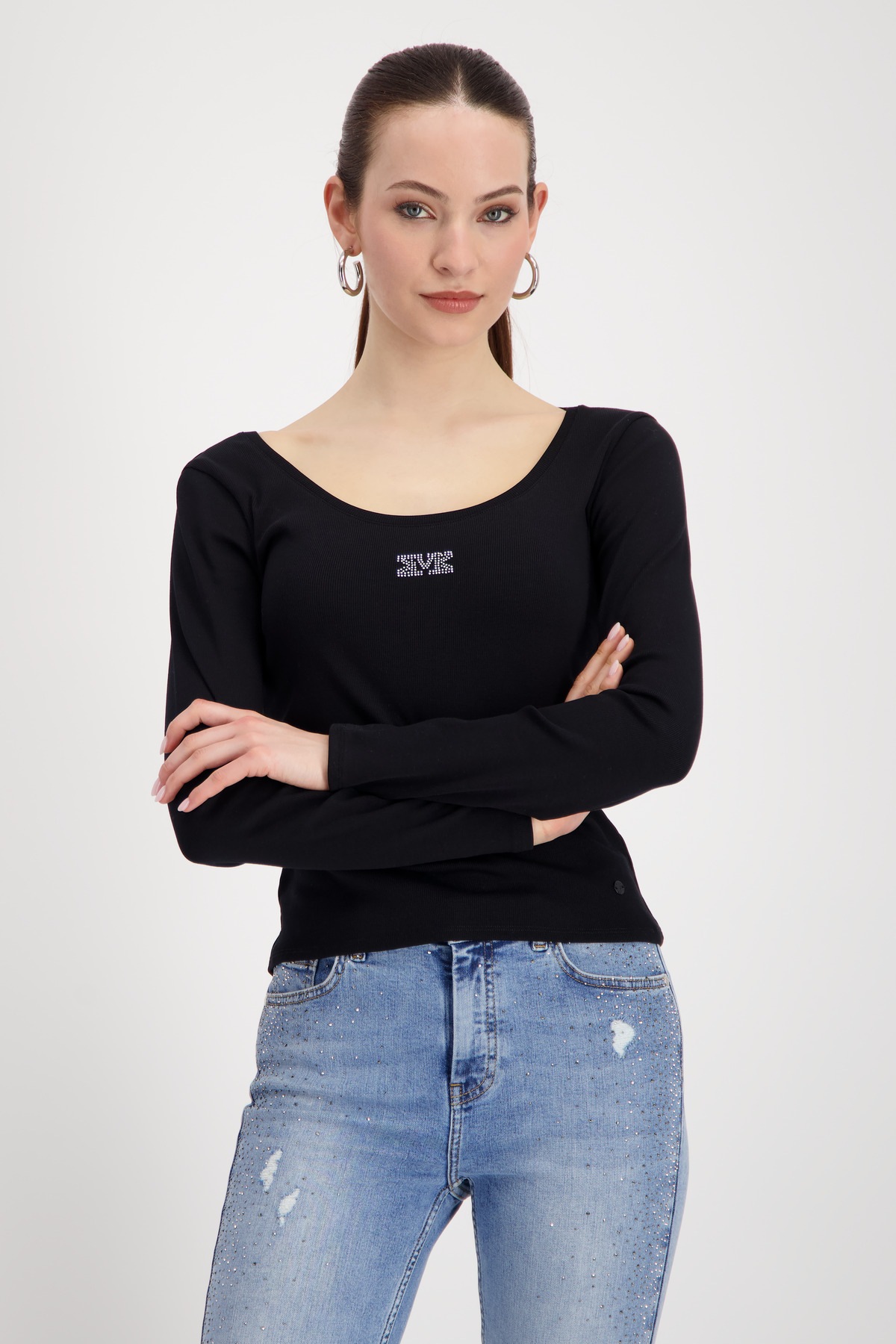 Monari Langarmshirt »Shirt Rippe Schmuck« Mit weitem Rundhalsausschnitt