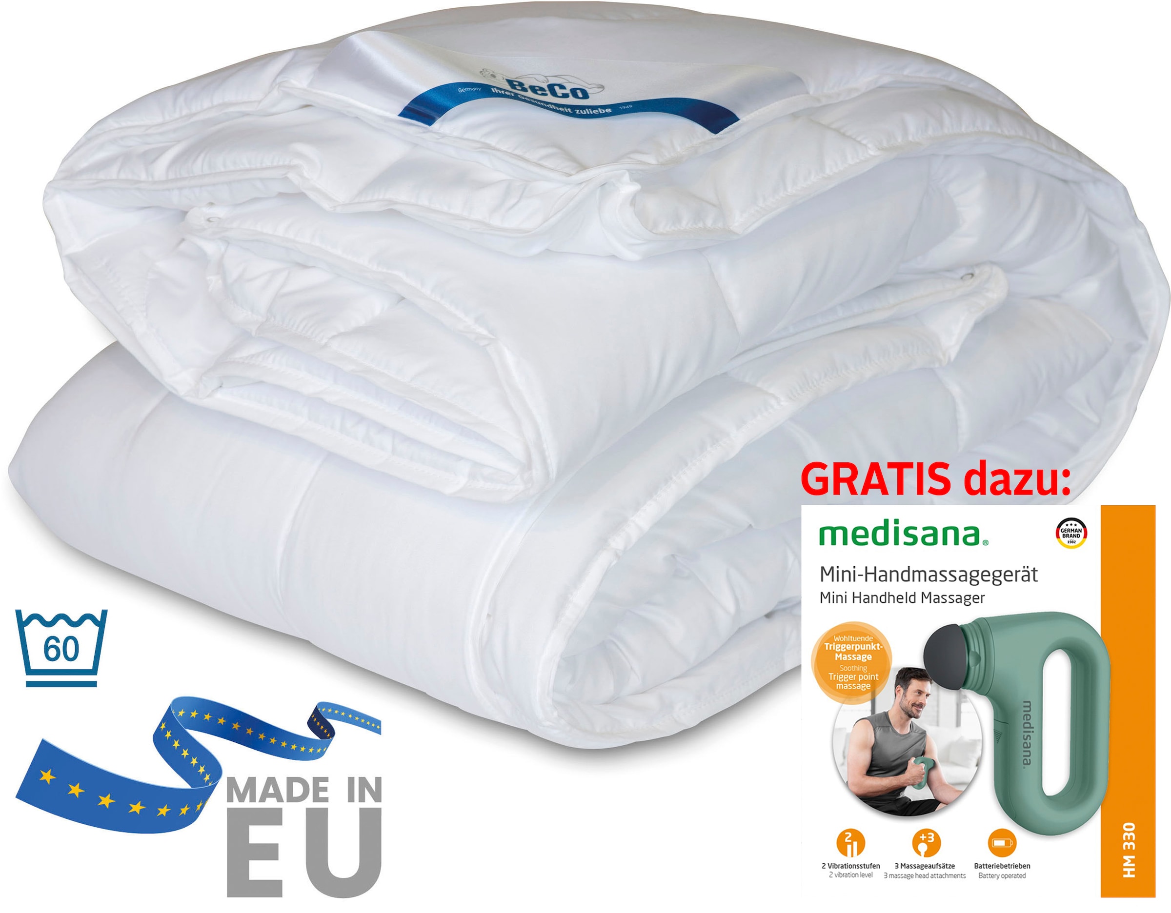 Beco Microfaserbettdecke + Microfaserkissen »Royal Soft Duo, Bettdecken mit Handmassagegerät GRATIS dazu!«, (Set), Bettdecken-Set Bettdecke 135x200 & Kopfkissen 80x80 cm