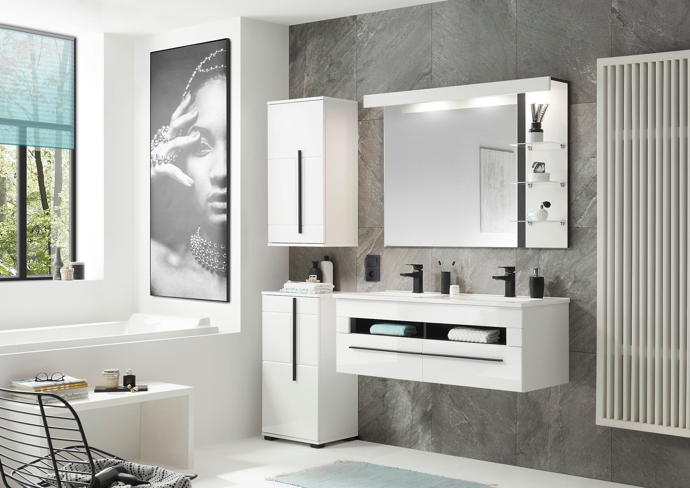 INOSIGN Unterschrank »Cantara, Badschrank in Hochglanz Weiss, Schrank im modernen Design«, mit schwarzen Griffen, ausreichend Stauraum