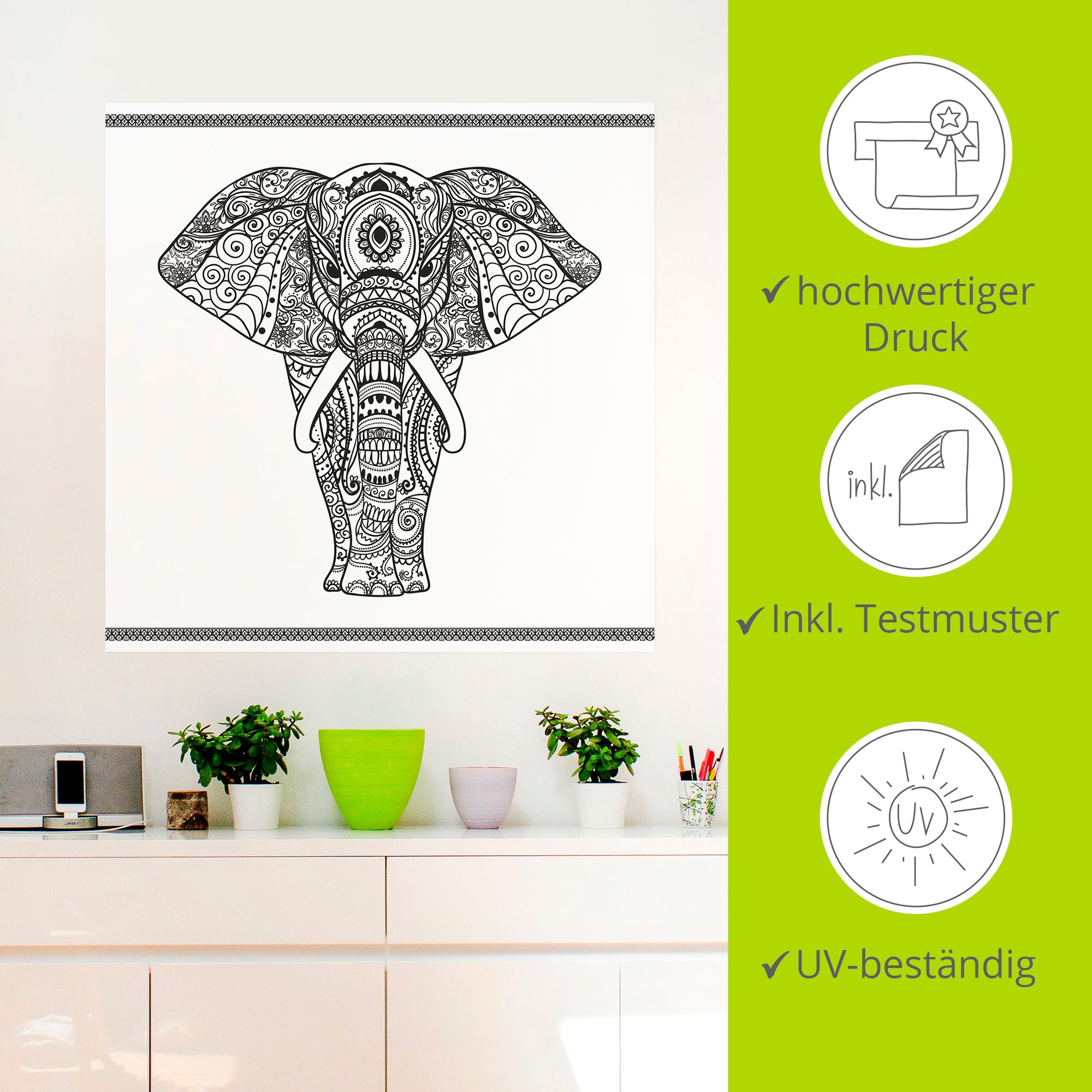 Artland Wandbild »Elefant in Mandala«, Wildtiere, (1 St.), als Leinwandbild, Poster, Wandaufkleber in verschied. Grössen