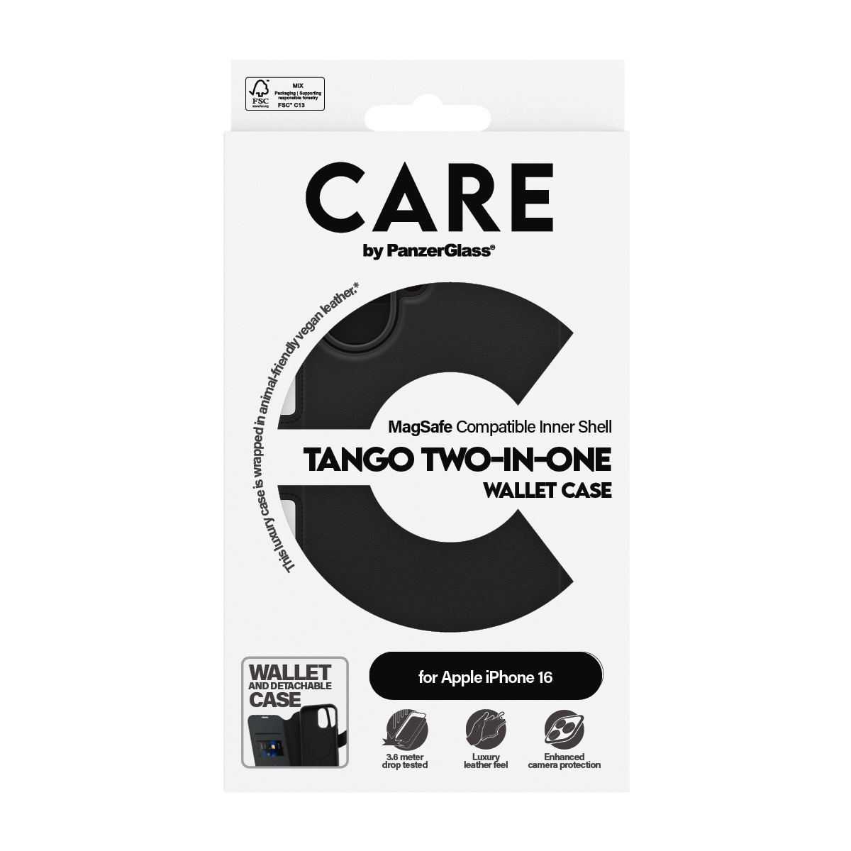 CARE by PanzerGlass Handyhülle »Case Feature Tango 2-in-1 Wallet Case Apple iPhone 16«, Backcover, Schutzhülle, Handyschutzhülle, Case, Schutzcase, stossfest