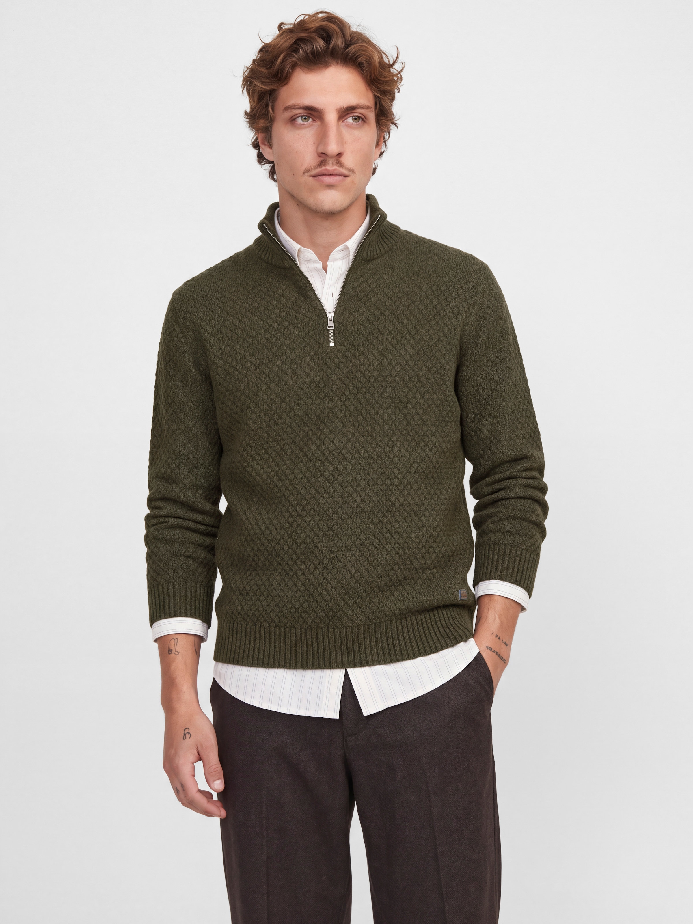Jack & Jones Troyer "JJBLAKE KNIT HALF ZIP" Materialmix, locker geschnitten