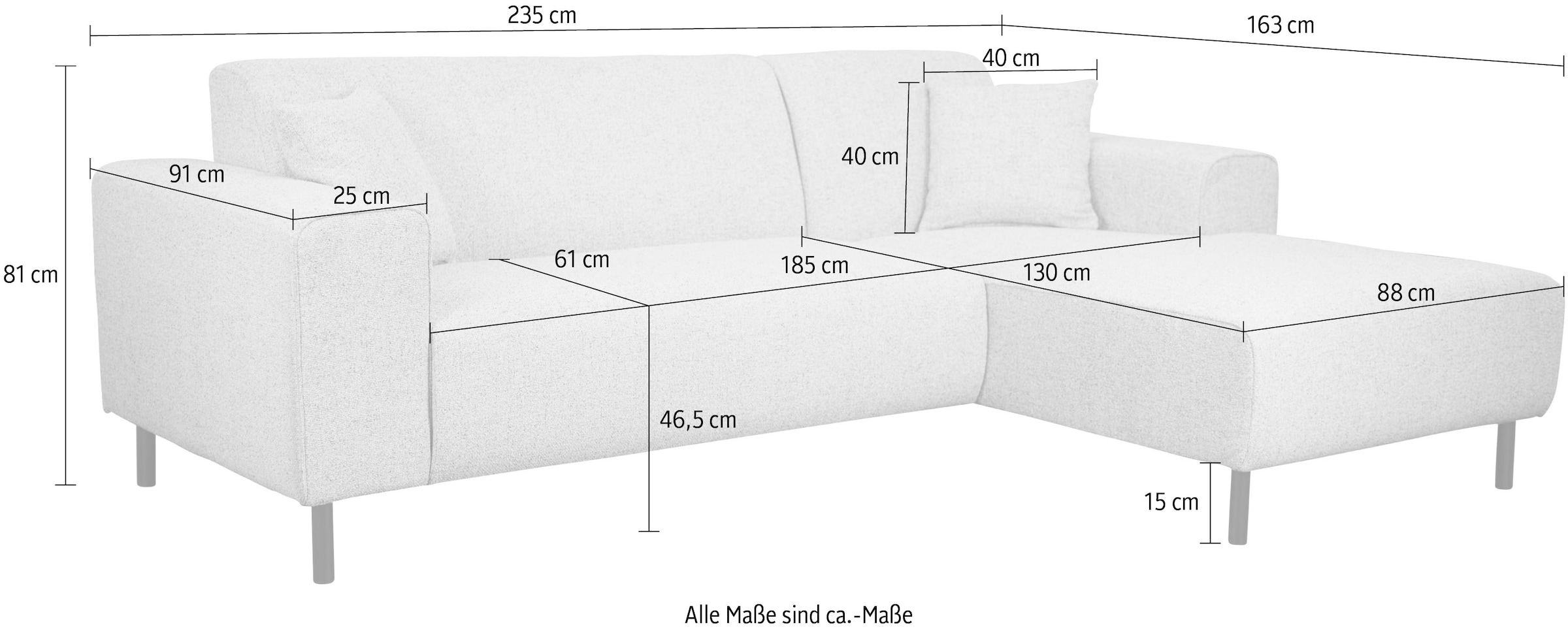 Home affaire Ecksofa »ARROS L-Form mit Wellenunterfederung, Masse B/T/H: 235/163/81 cm«, incl. Zierkissen, mit Recamiere rechts/links bestellbar, auch in Cord