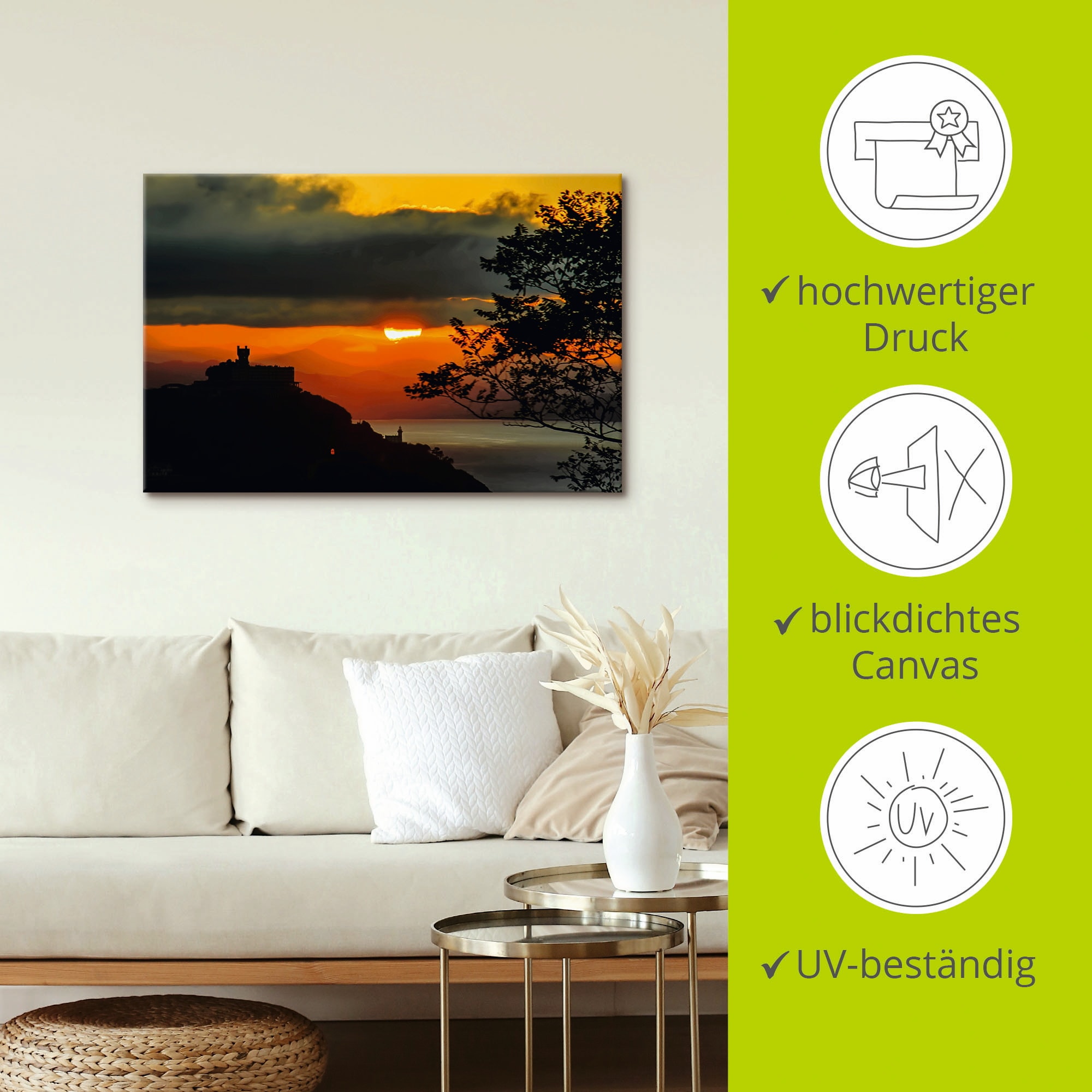 Artland Wandbild »Sonnenuntergang San Sebastian Donostia«, Sonnenaufgang & -untergang (1 Stück), in vielen Grössen & Produktarten - Alubild / Outdoorbild, Leinwandbild, Poster, Wandaufkleber / Wandtattoo auch für Badezimmer geeignet