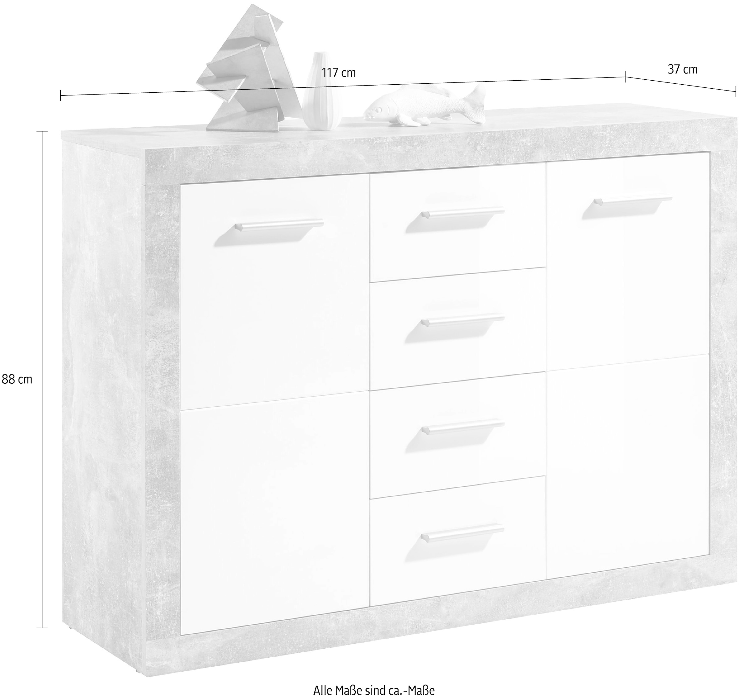 HBZ Kommode »Stone 2 weiss Glanz, BxHxT 117x88x37 cm«, Kommode mit 2 Türen, 4 Schubkästen, 2 Einlegeböden