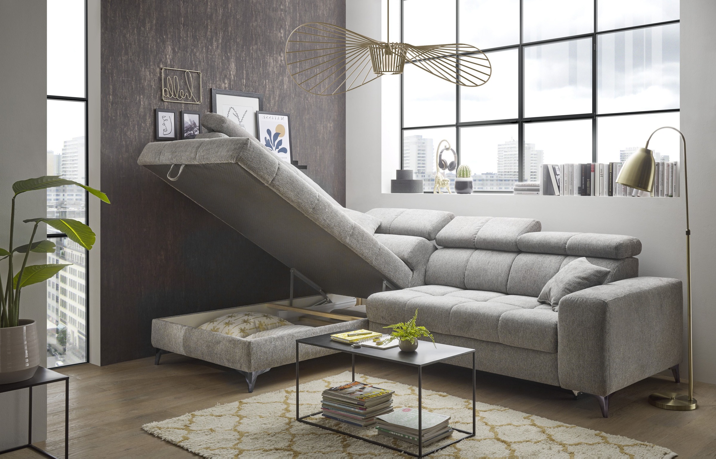 ED EXCITING DESIGN Ecksofa »Sydney L-Form«, mit Bettfunktion, Bettkasten, Kopfteilverstellung & 2 Zierkissen