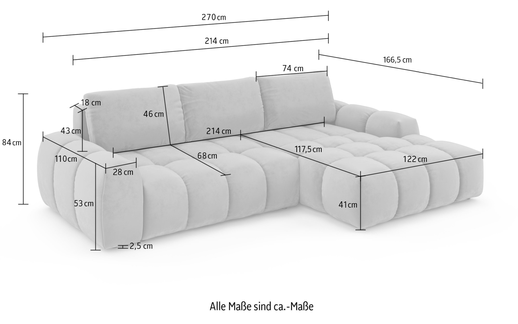 INOSIGN Ecksofa »AZITA klein optionale Schlafsofa mit Bettkasten, B/T/H: 270/166,5/84cm«, L-Form mit Wellenunterfederung, Bubble-Optik