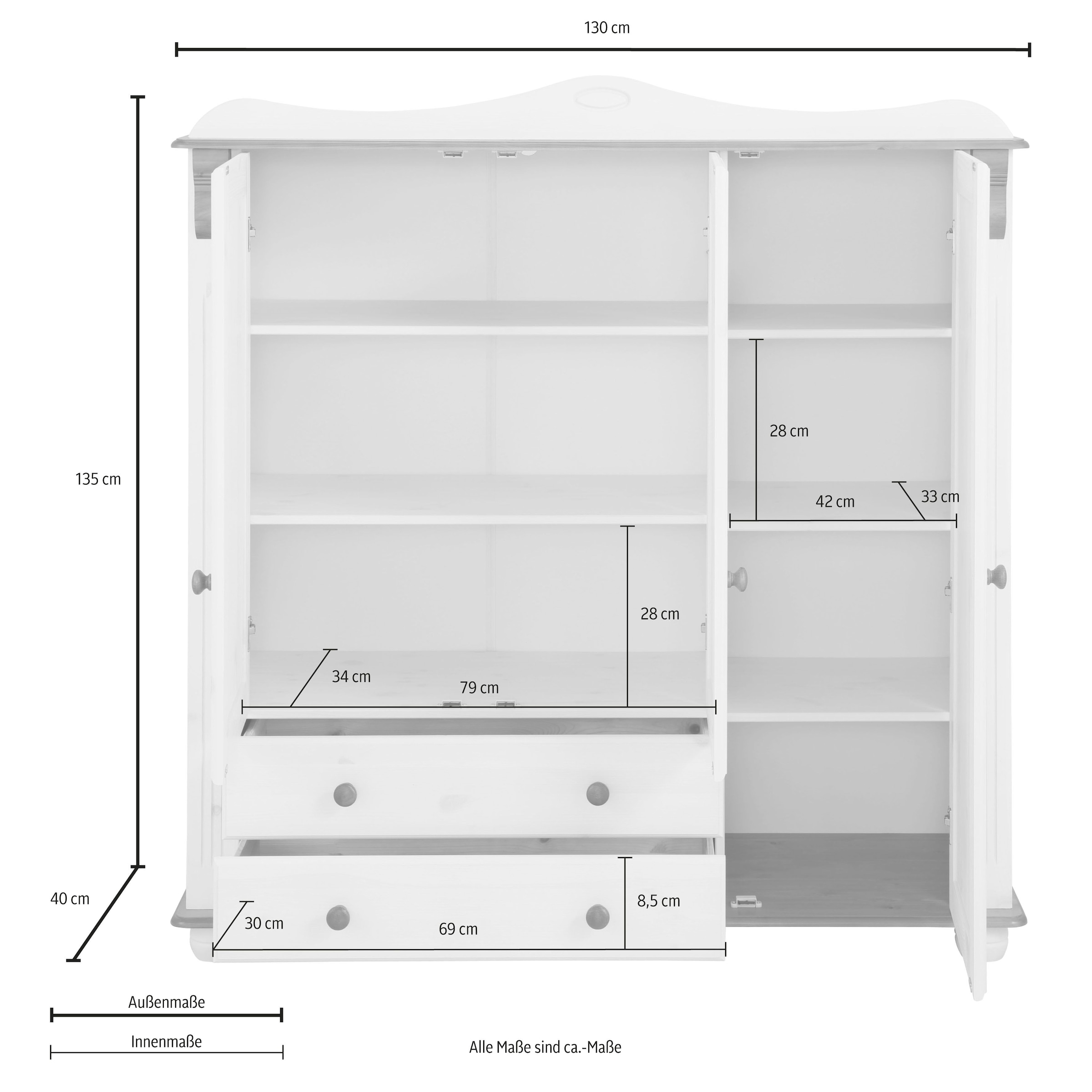 Home affaire Wäscheschrank »Adele, Mehrzweckschrank«, (2 Breiten: 93/130 cm H/T ca. 135/40 cm), aus massiver Kiefer, 2-oder 3-türig