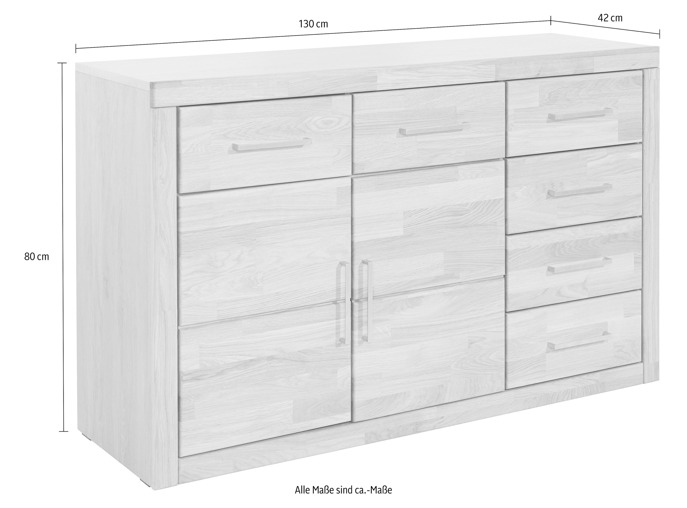 OTTO home Sideboard "Trondheim,130cm breit,42 cm tief, Fronten Holzmassiv, Metallgriffe" Korpus aus Holzwerkstoff,2 Türen, 2 breite Fächer,5 Schubladen