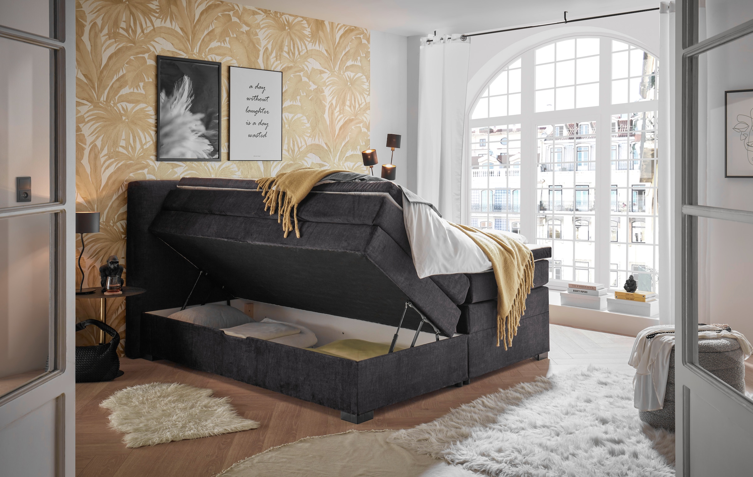 ED EXCITING DESIGN Boxspringbett »Fanes mit Komforteinstiegshöhe von 73cm«, erhältlich in 180x200cm, inkl. Bettkasten und 7cm Visco-Topper