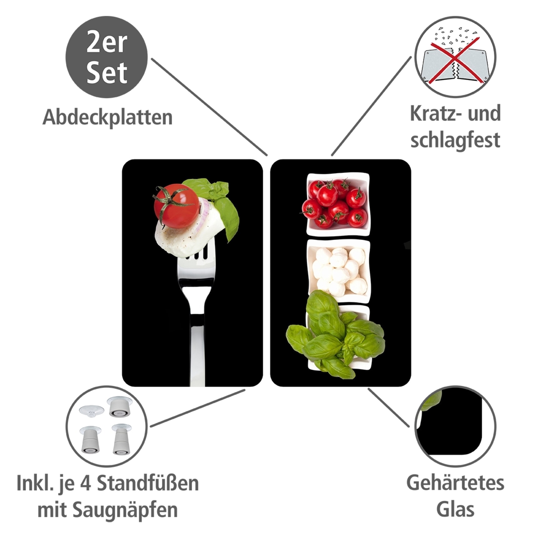 WENKO Herd-Abdeckplatte »Universal Modell Caprese«, (Set, 2 tlg.), Herdabdeckung für alle Herdarten, kratzfest, mit rutschfesten Füssen