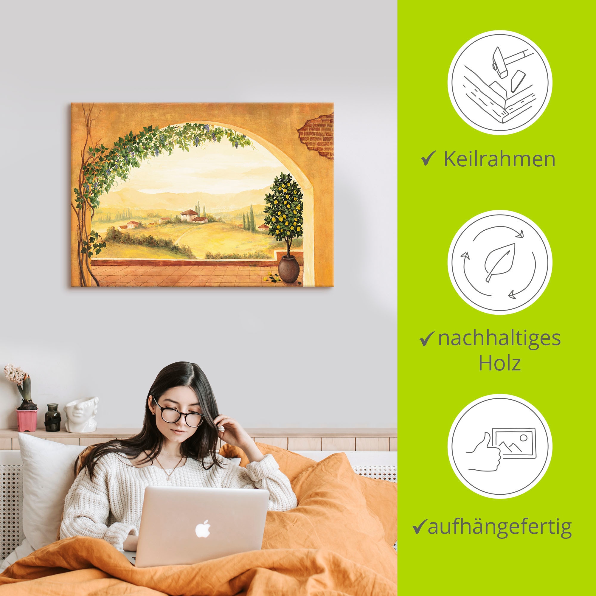 Artland Wandbild »Weinranken vor der Toskanalandschaft«, Fensterblick, (1 St.), als Leinwandbild, Poster in verschied. Grössen
