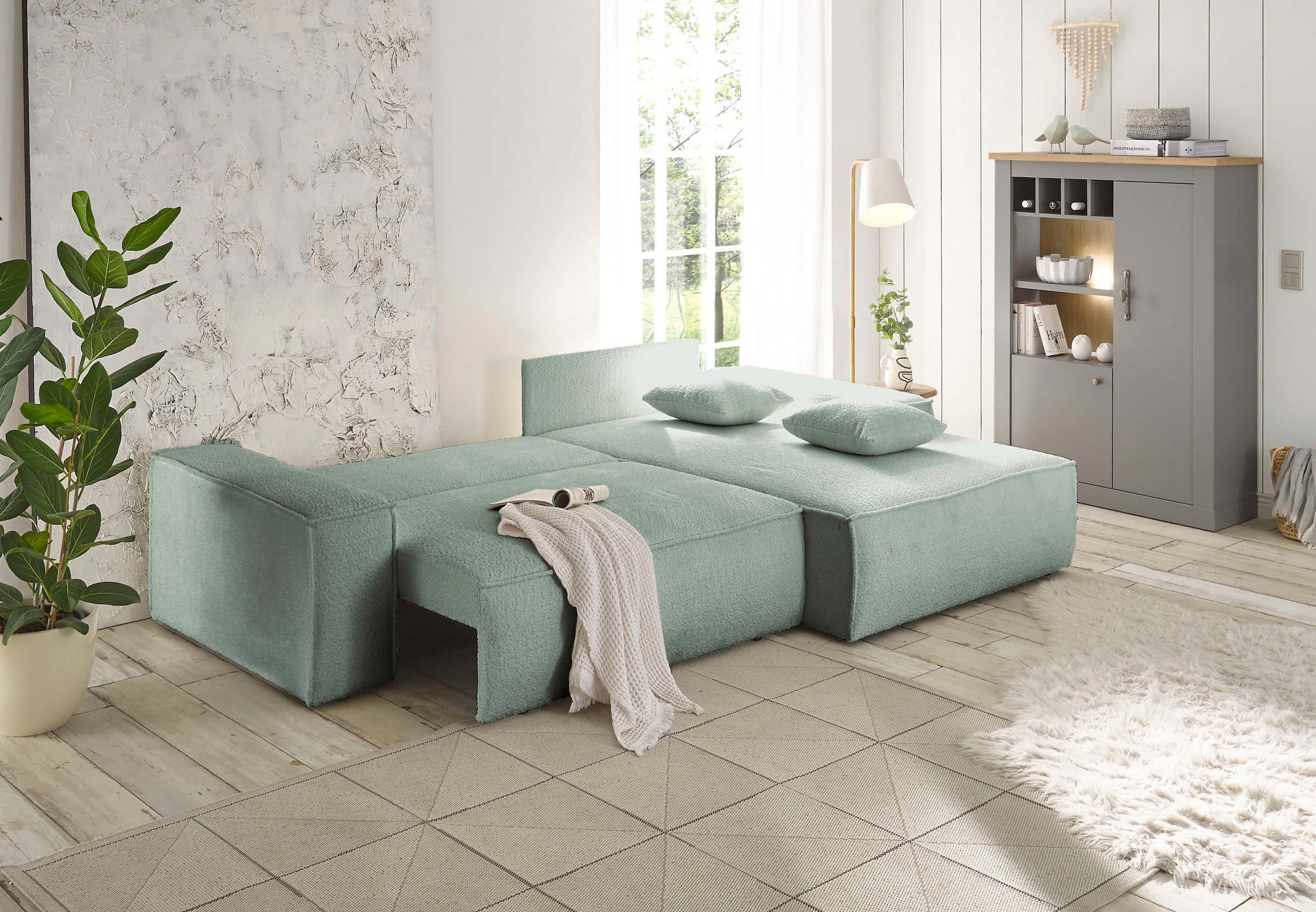 andas Ecksofa »Finnley Schlafsofa 267 cm in Bouclé, Struktur fein u. Cord, L-Form,«, Schlaffunktion m. Bettkasten (136/210 cm), Bouclé, Struktur und Cord