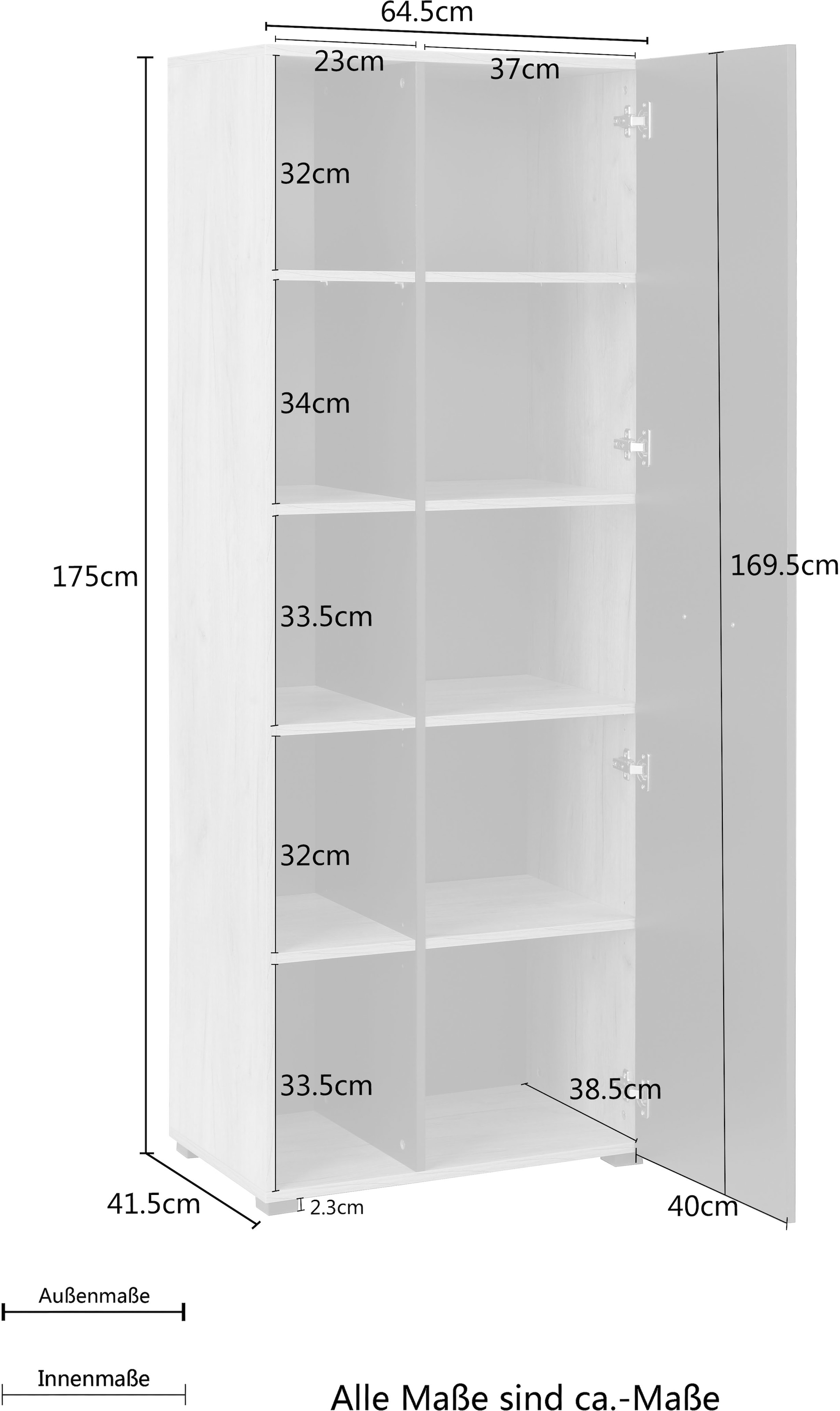 Places of Style Aktenschrank »Moid, moderner Mehrzweckschrank,«, Masse: 64,5x41,5x175 cm, 5 Fächer mit viel Stauraum