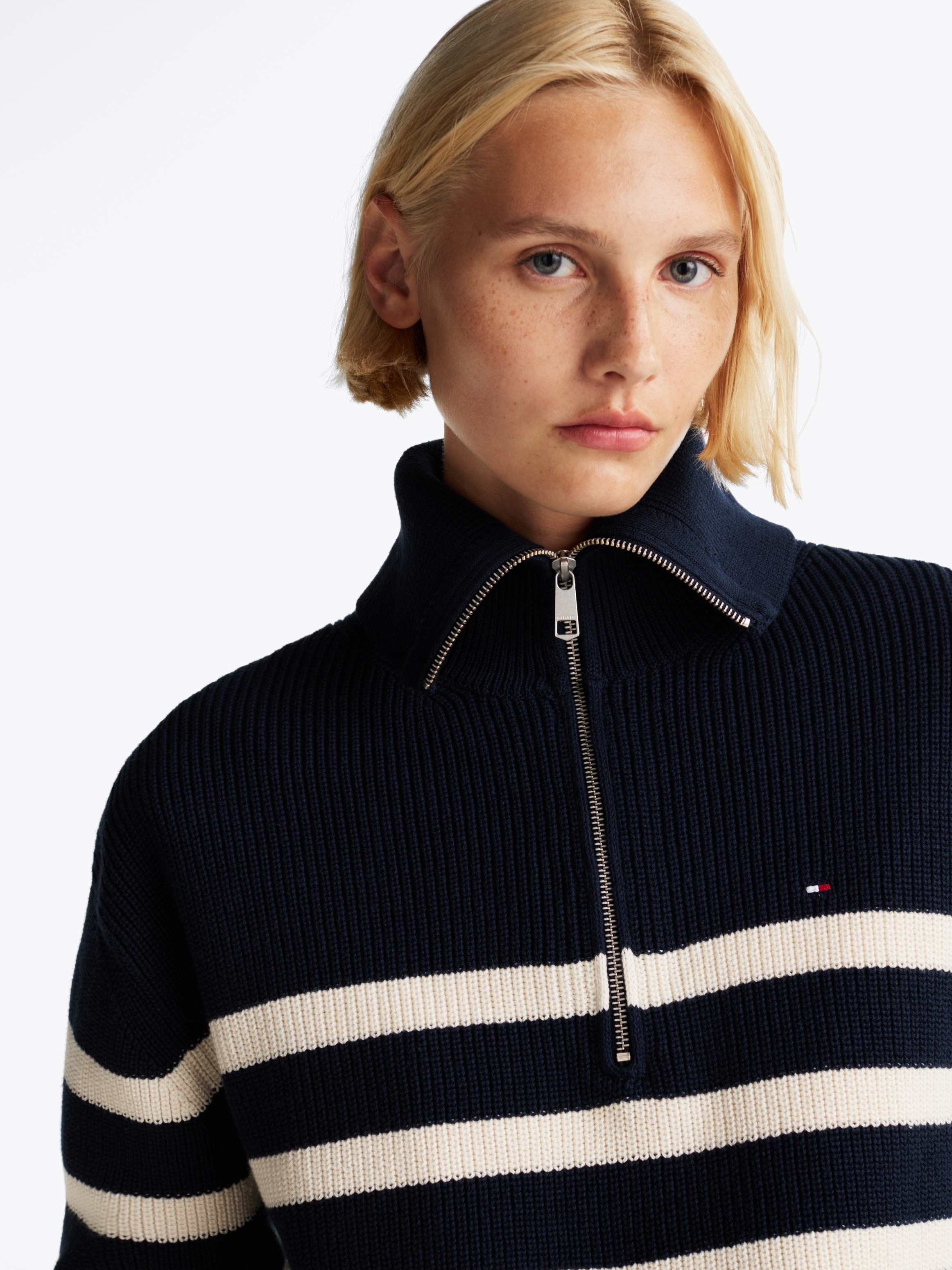 Tommy Hilfiger Troyer »CO CARDI STITCH 1/2 ZIP SWEATER«, mit kurzem Zipper, Streifendessin