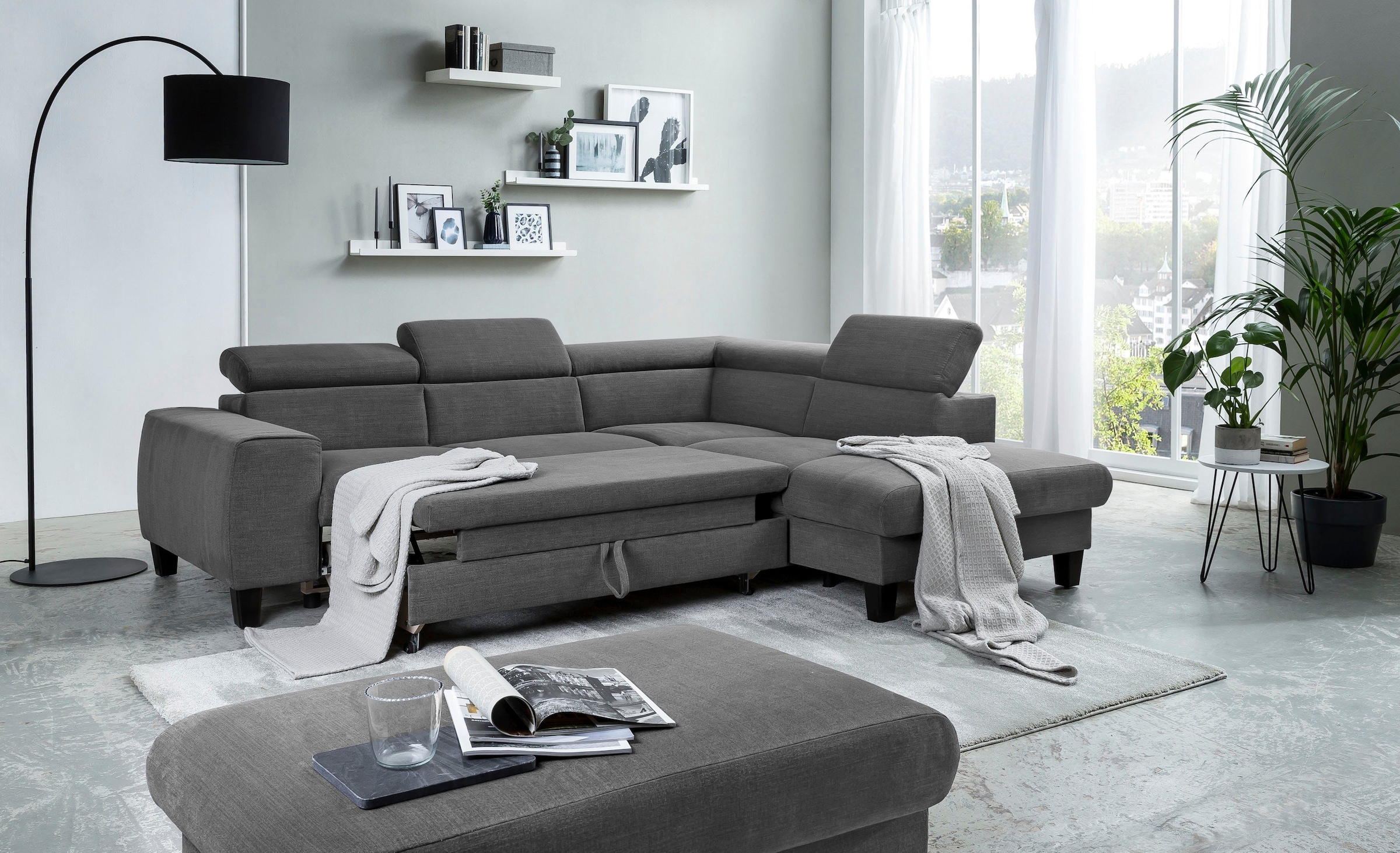 COTTA Polstergarnitur »Morven L-Form«, (Set), Set bestehend aus: Ecksofa mit Kopfteilverstellung & Hocker