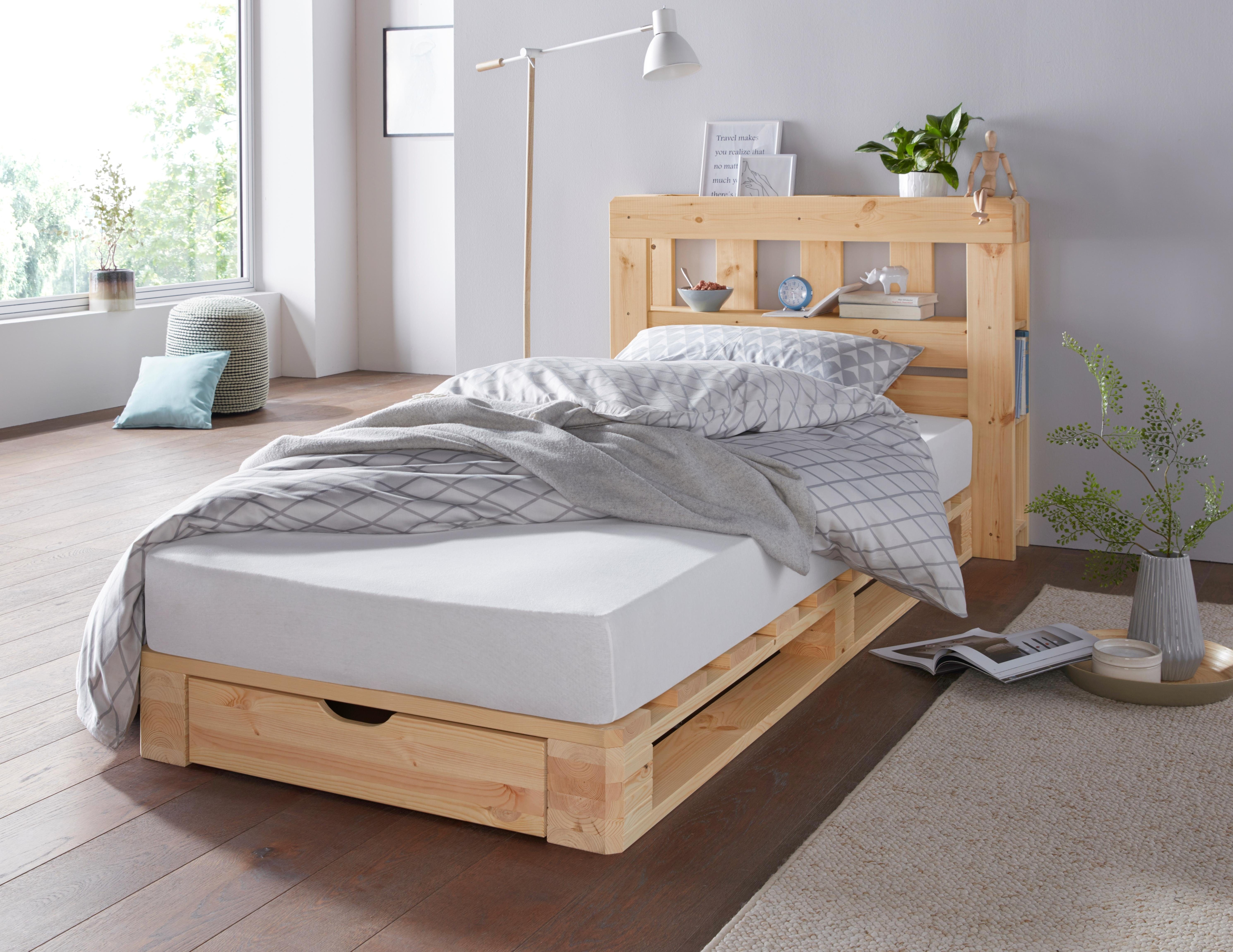 GOODproduct Palettenbett ""ALASCO " Mit Schublade" zertifiziertes Massivholz, erweiterbar zum Doppel- oder Familienbett